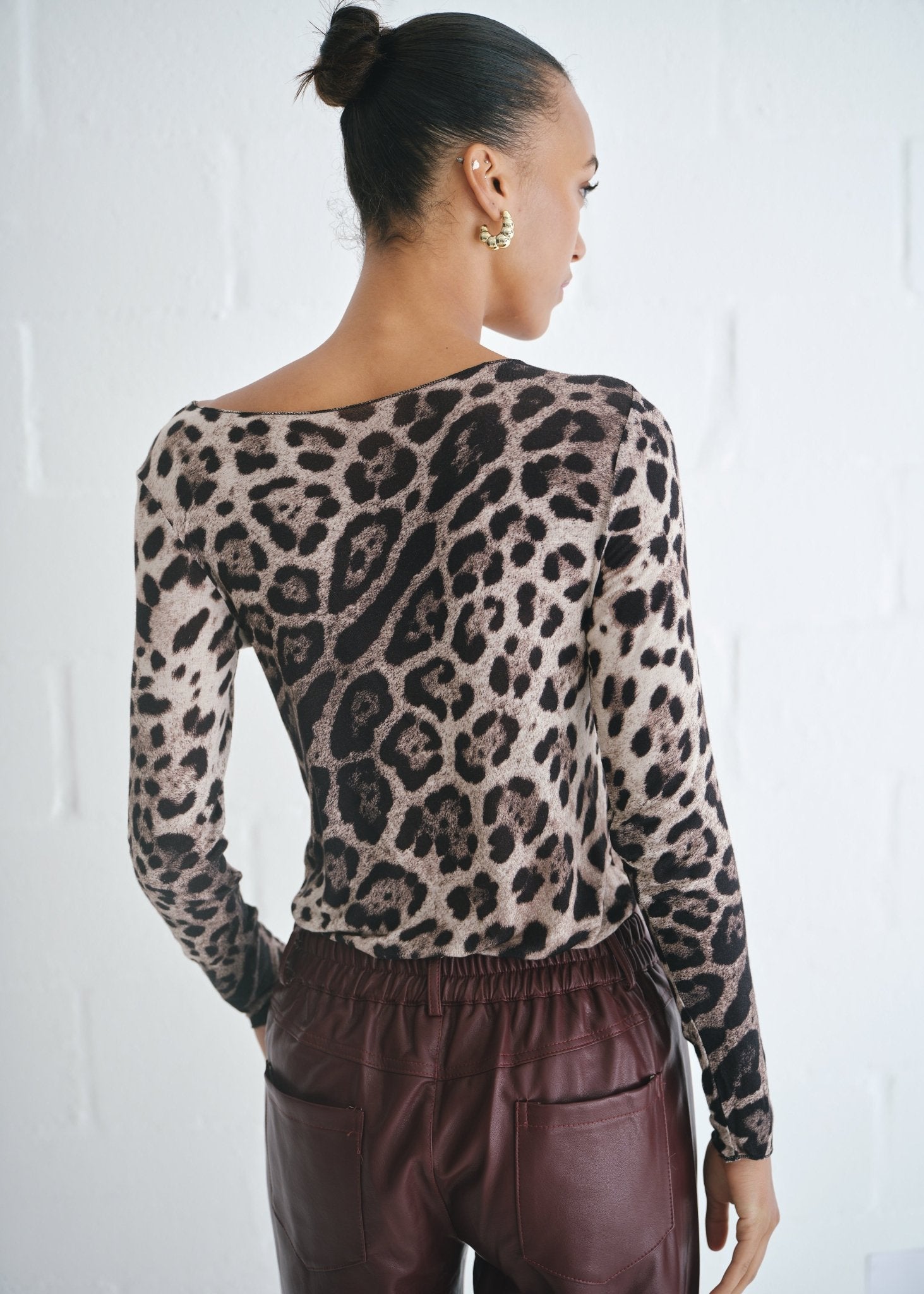 View our Leah Italian Cashmere Blend Sheer Top In Grey Leopard - by Tribute Store