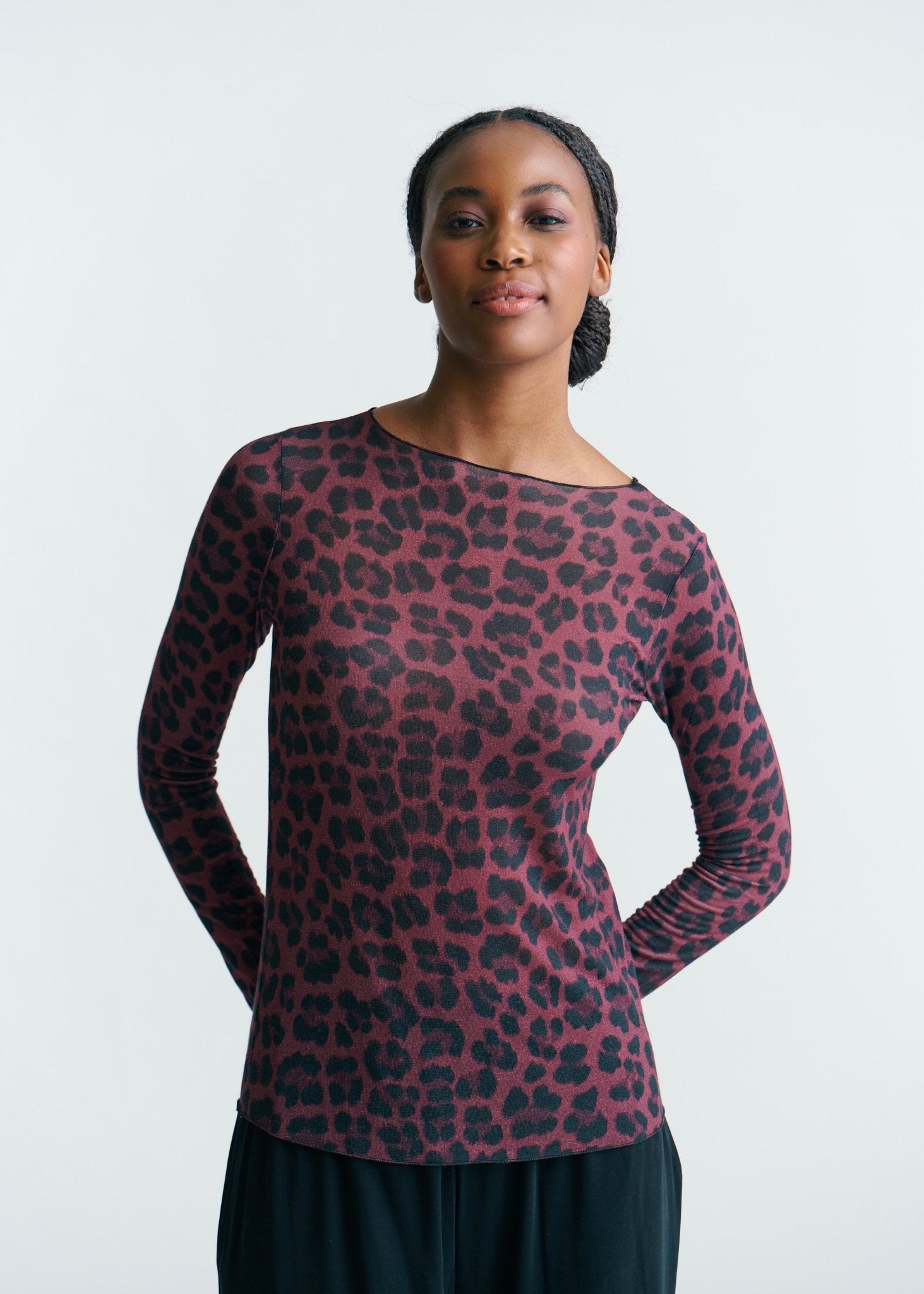 View our Leah Italian Cashmere Blend Sheer Top In Maroon With Big Leopard Print - by Tribute Store