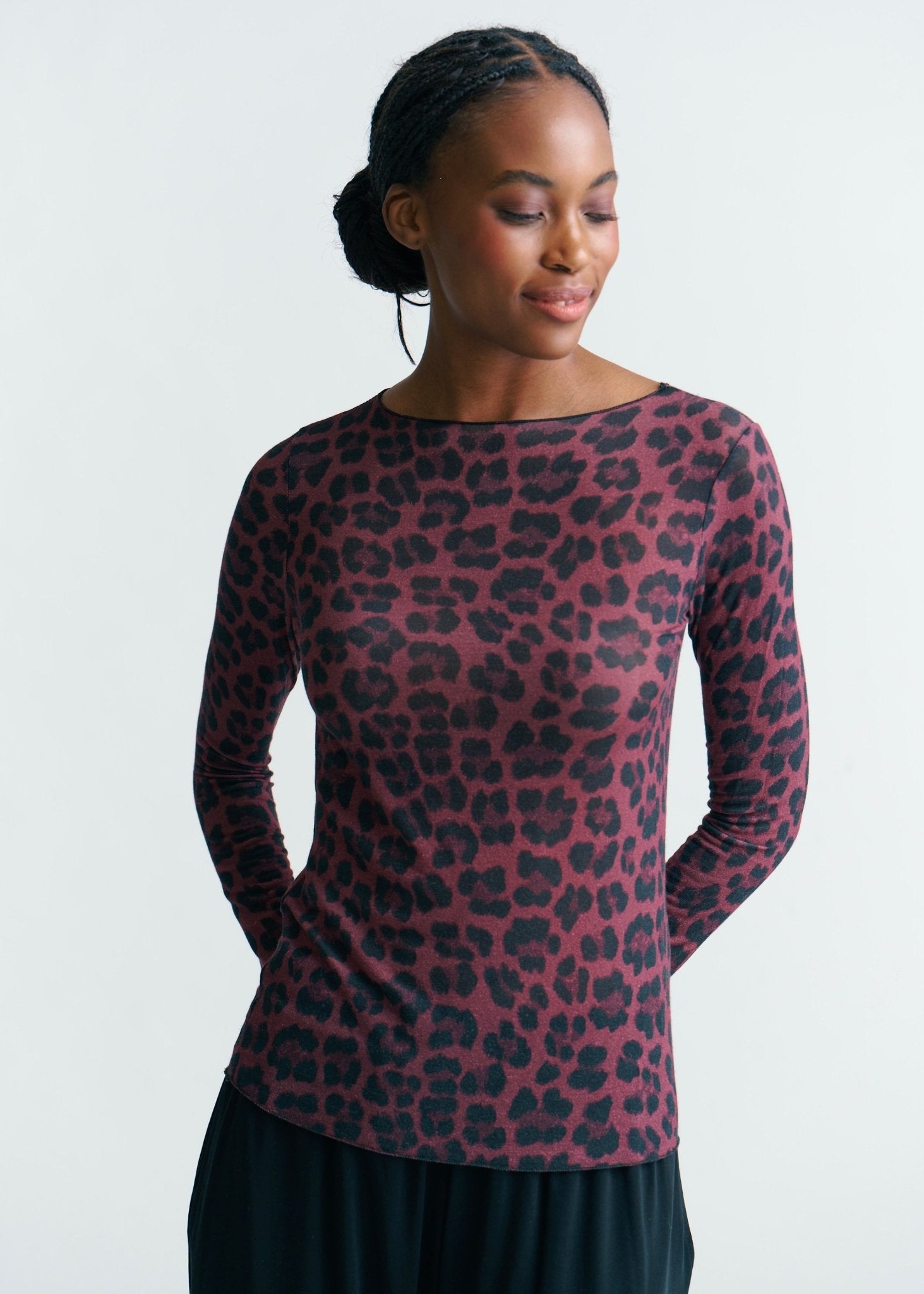View our Leah Italian Cashmere Blend Sheer Top In Maroon With Big Leopard Print - by Tribute Store