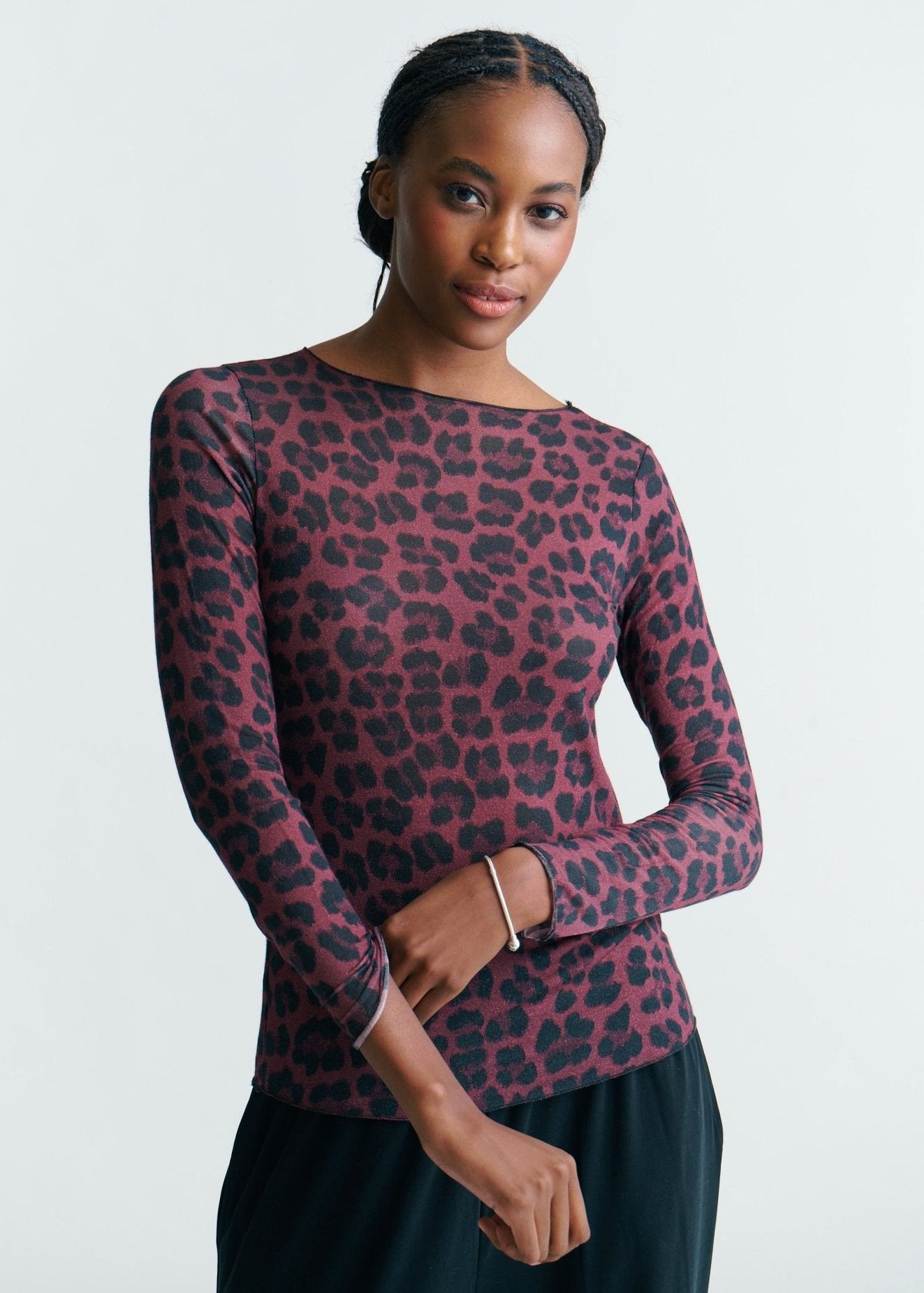 View our Leah Italian Cashmere Blend Sheer Top In Maroon With Big Leopard Print - by Tribute Store
