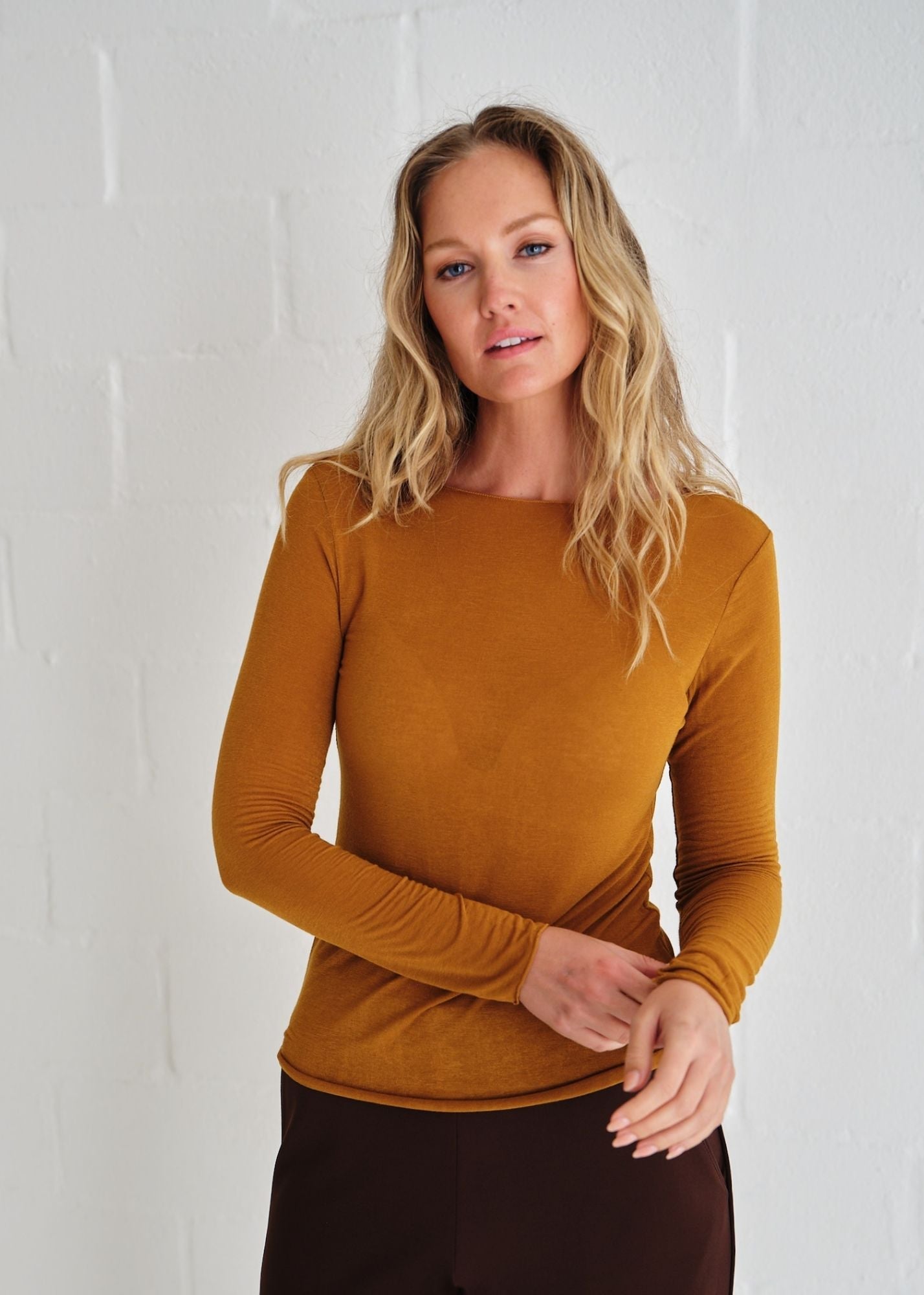 View our Leah Italian Cashmere Blend Sheer Top In Mustard - by Tribute Store