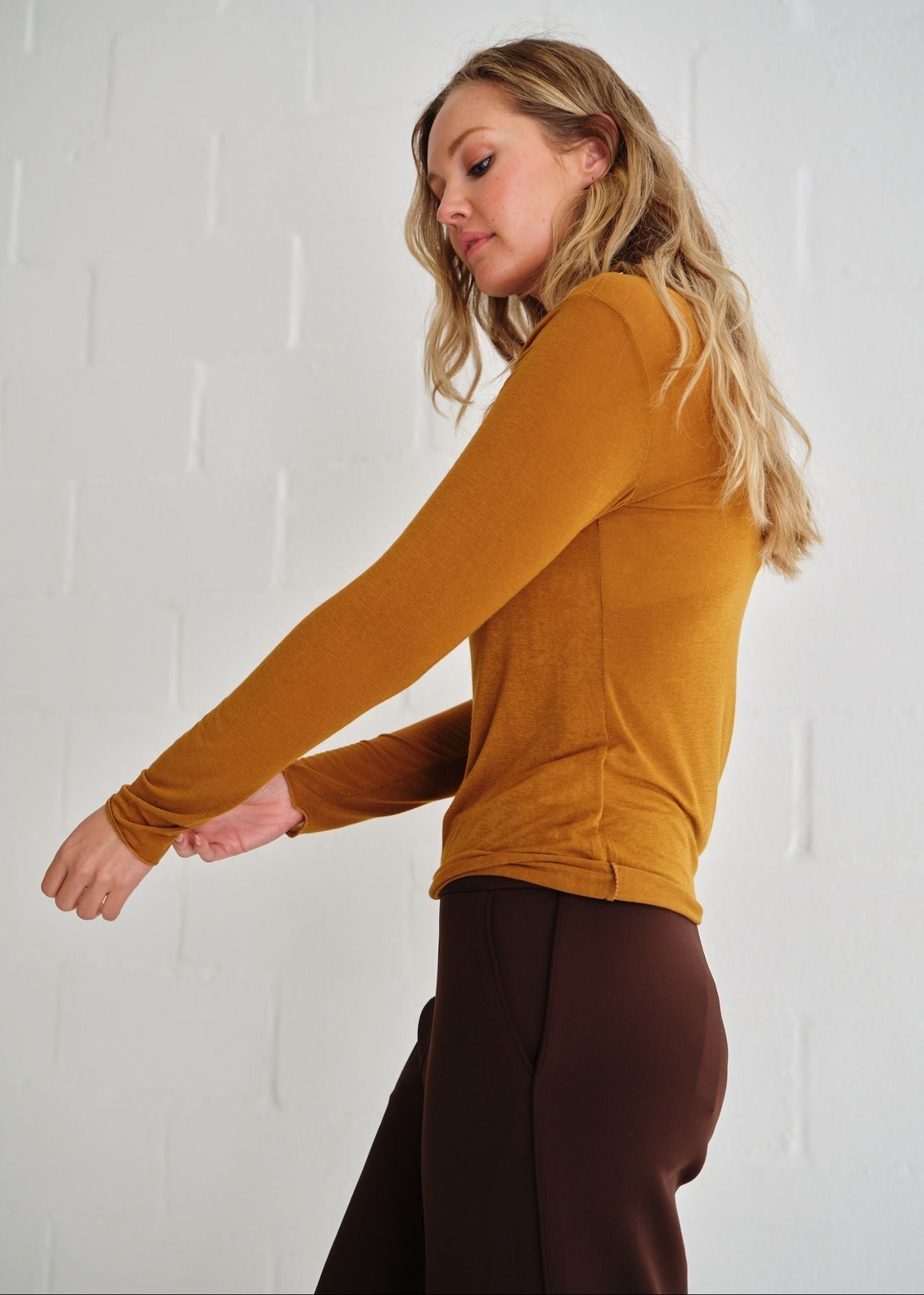 View our Leah Italian Cashmere Blend Sheer Top In Mustard - by Tribute Store