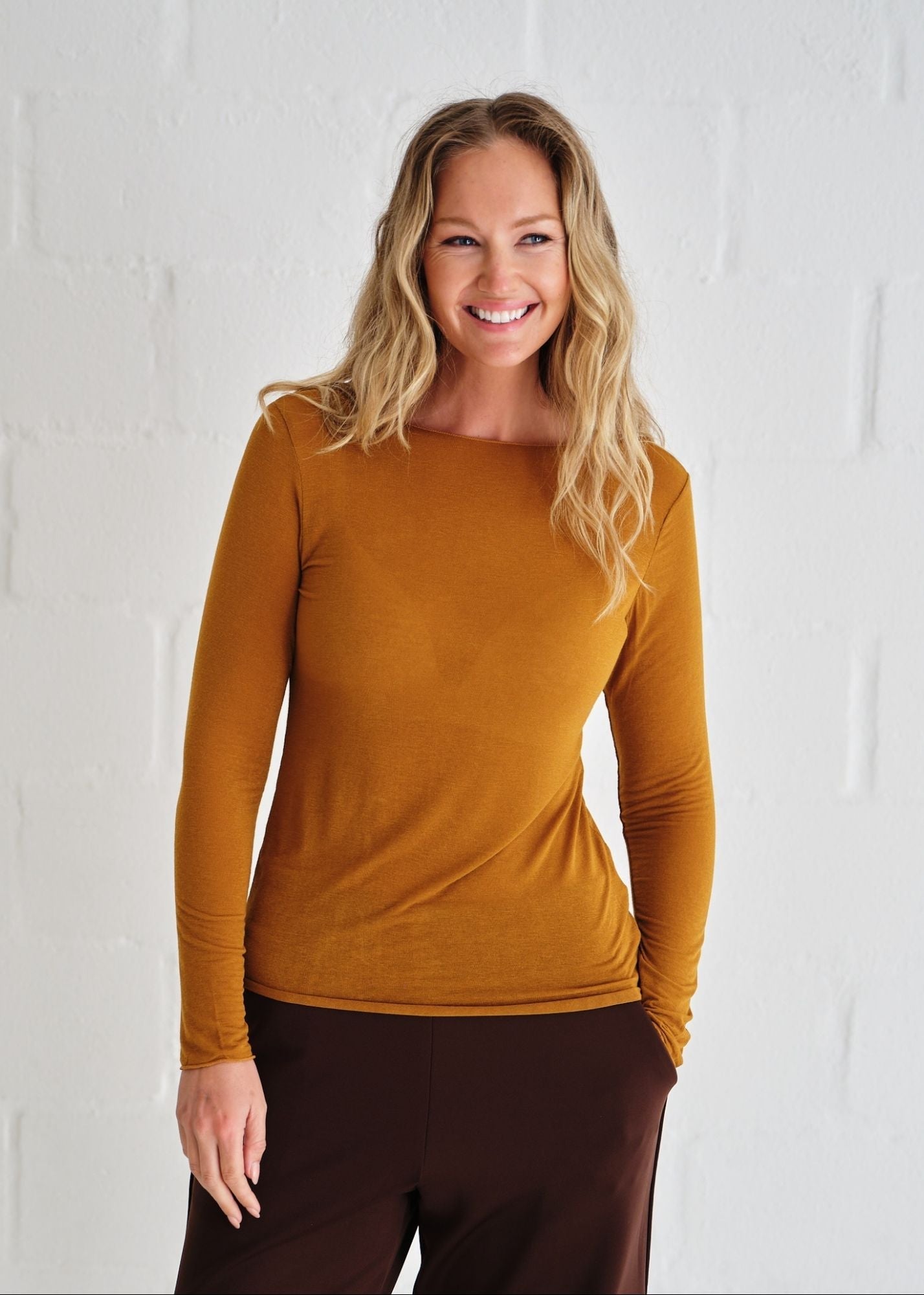 View our Leah Italian Cashmere Blend Sheer Top In Mustard - by Tribute Store