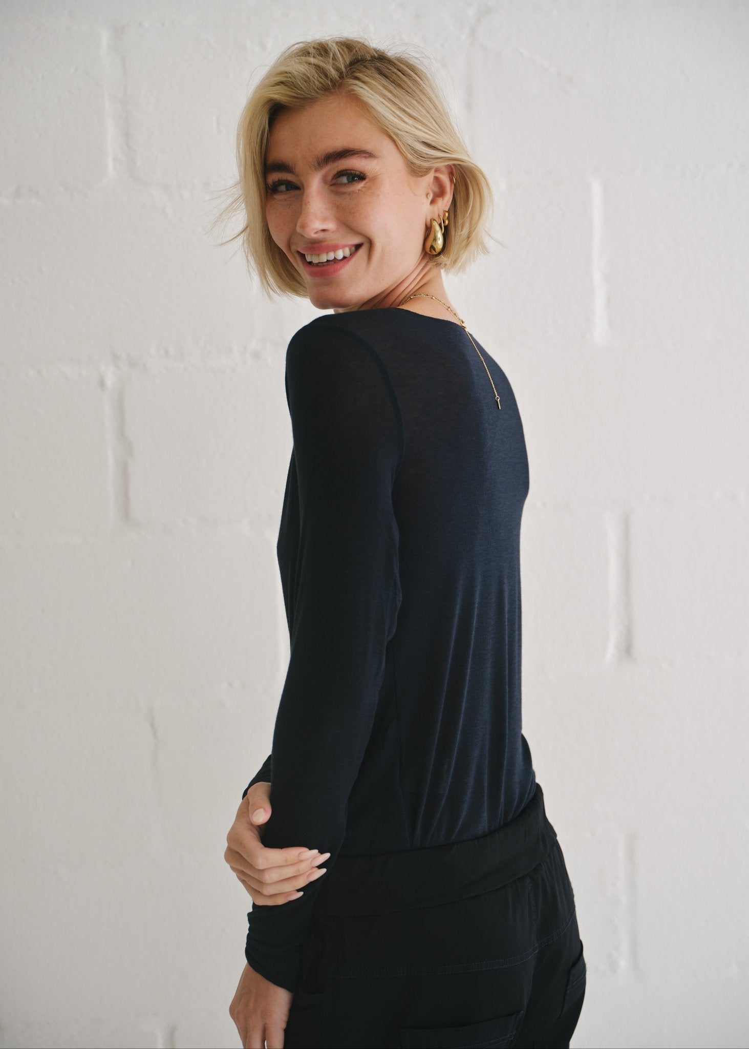 View our Leah Italian Cashmere Blend Sheer Top In Navy - by Tribute Store