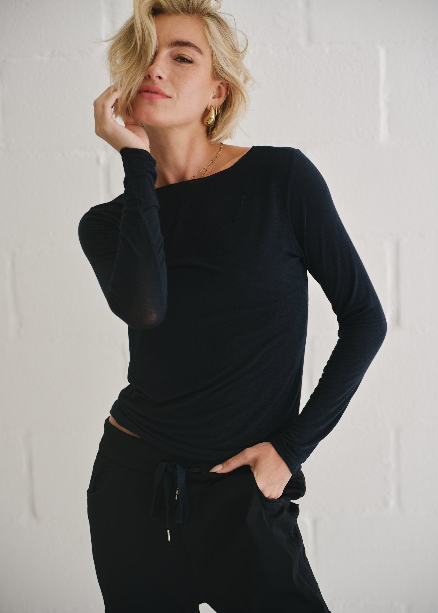 View our Leah Italian Cashmere Blend Sheer Top In Navy - by Tribute Store