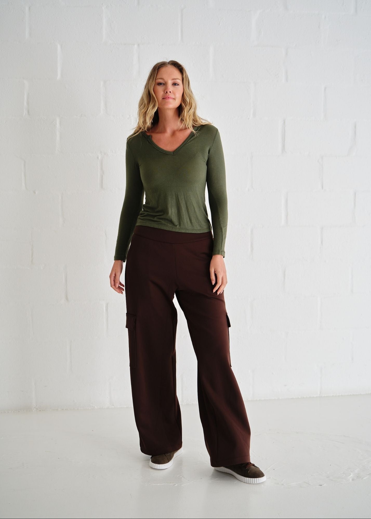 View our Leah Italian Cashmere Blend Sheer Top With V Neck In Khaki Green - by Tribute Store