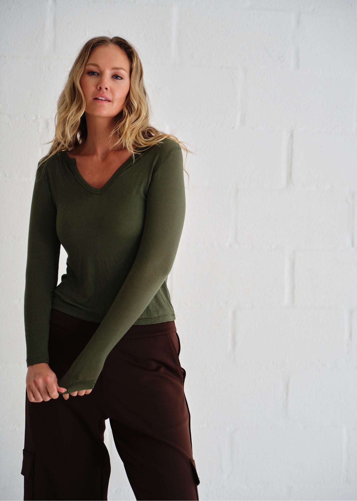 View our Leah Italian Cashmere Blend Sheer Top With V Neck In Khaki Green - by Tribute Store