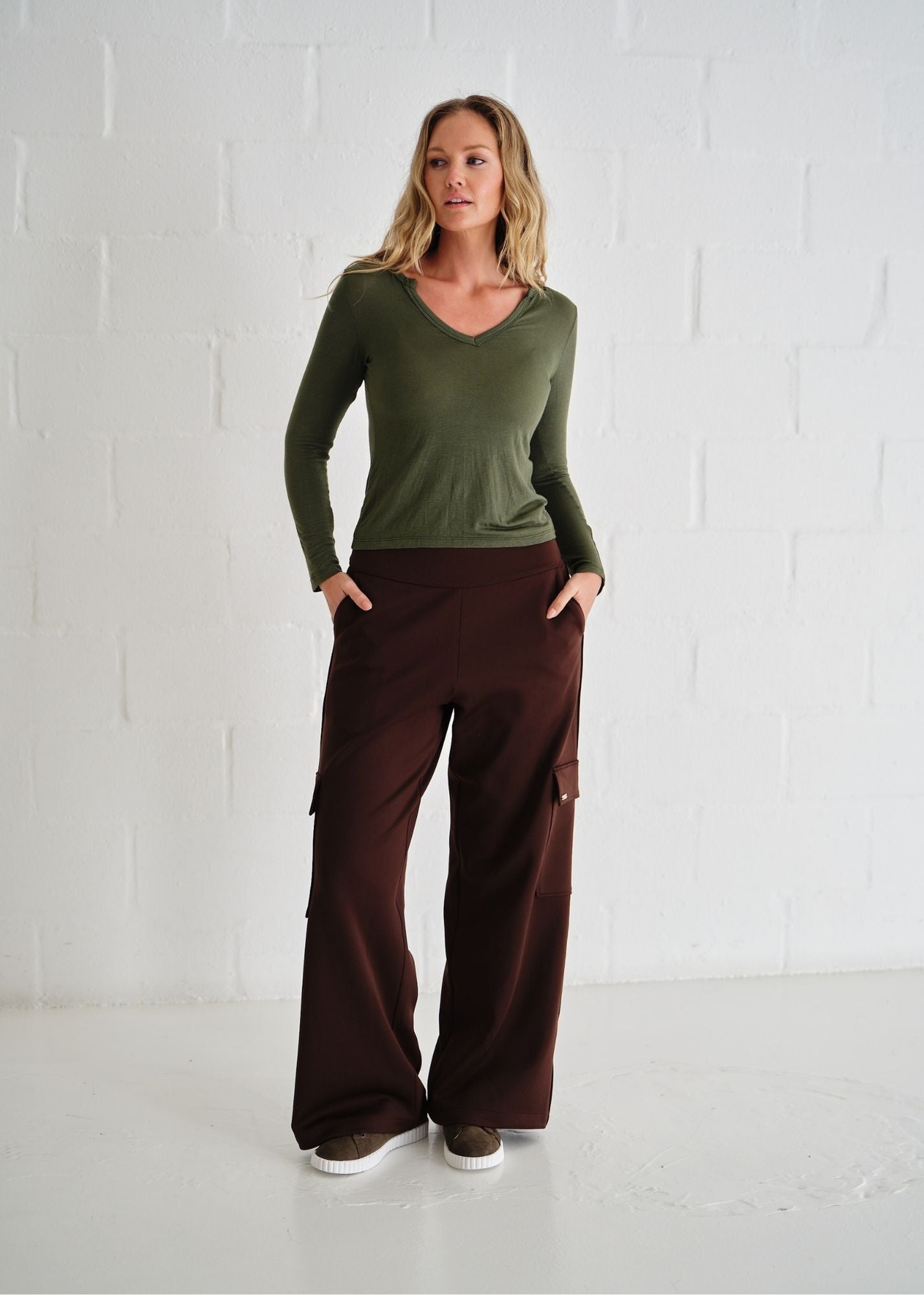 View our Leah Italian Cashmere Blend Sheer Top With V Neck In Khaki Green - by Tribute Store