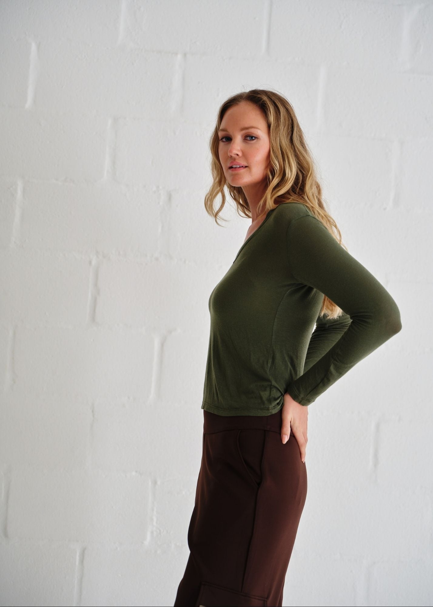 View our Leah Italian Cashmere Blend Sheer Top With V Neck In Khaki Green - by Tribute Store