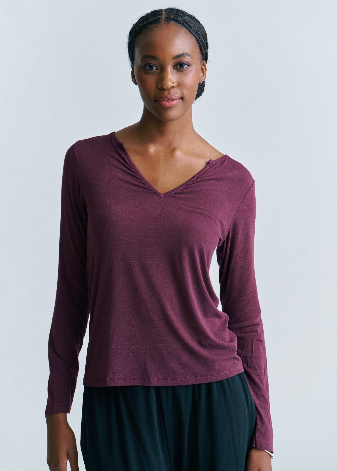 View our Leah Italian Cashmere Blend Sheer Top With V Neck In Wine - by Tribute Store