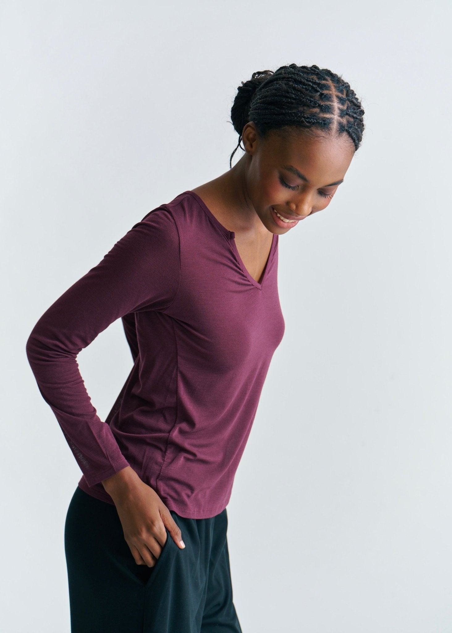 View our Leah Italian Cashmere Blend Sheer Top With V Neck In Wine - by Tribute Store