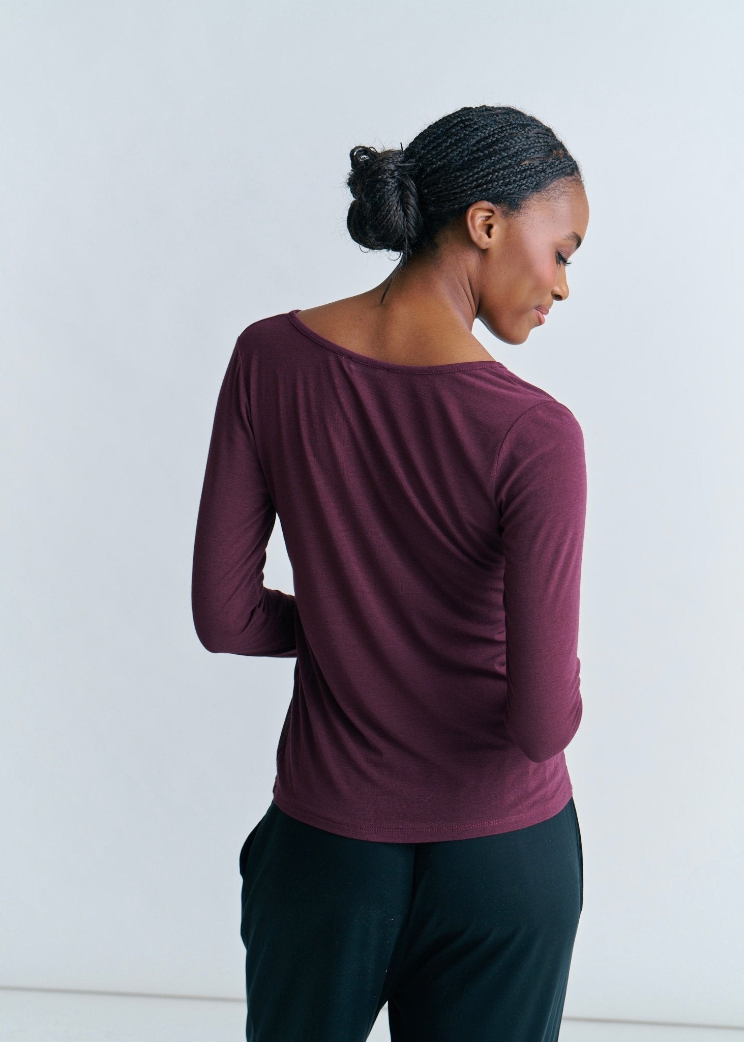 View our Leah Italian Cashmere Blend Sheer Top With V Neck In Wine - by Tribute Store