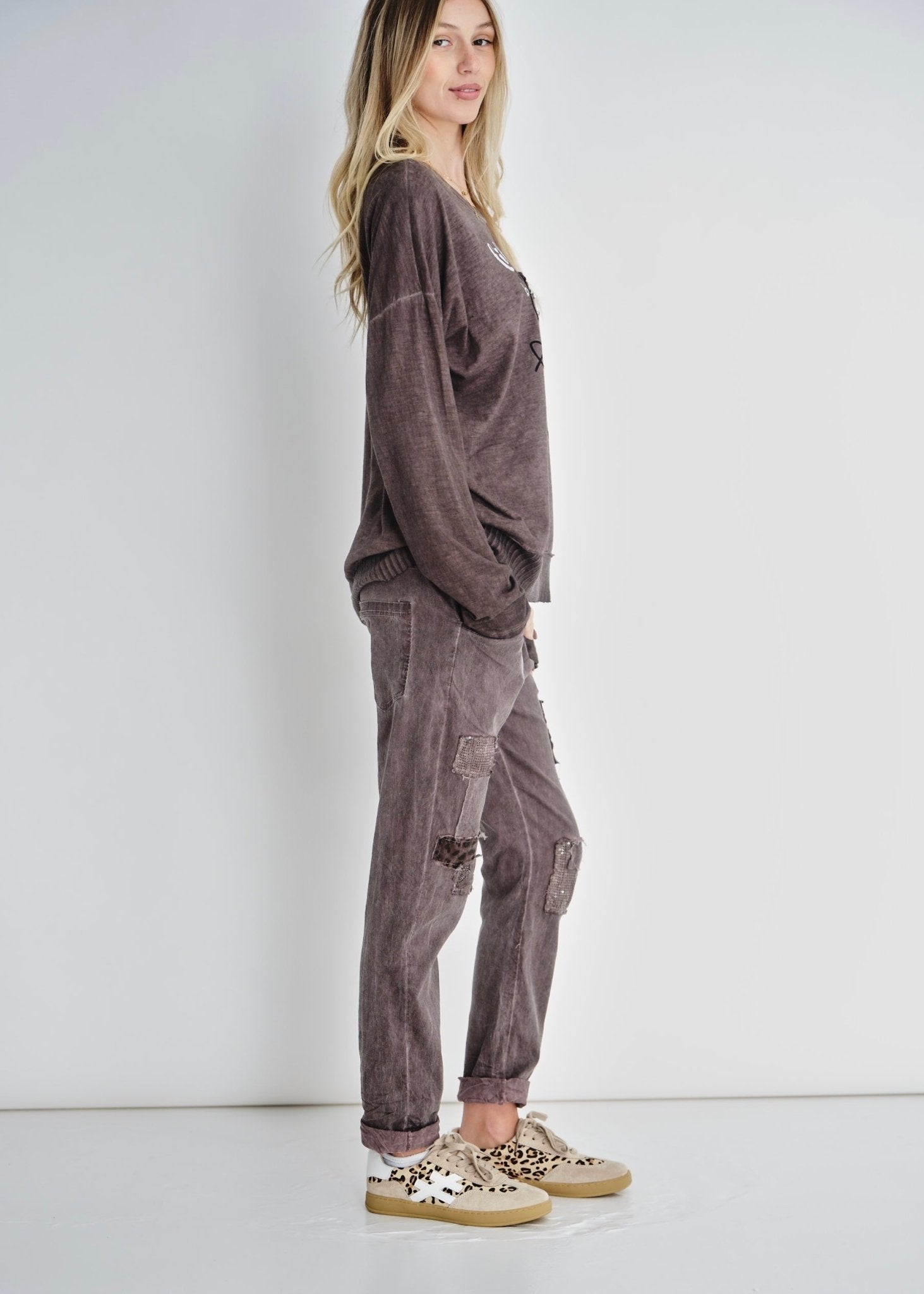 View our Leopard Sequin Joggers In Stonewashed Berry - by Tribute Store