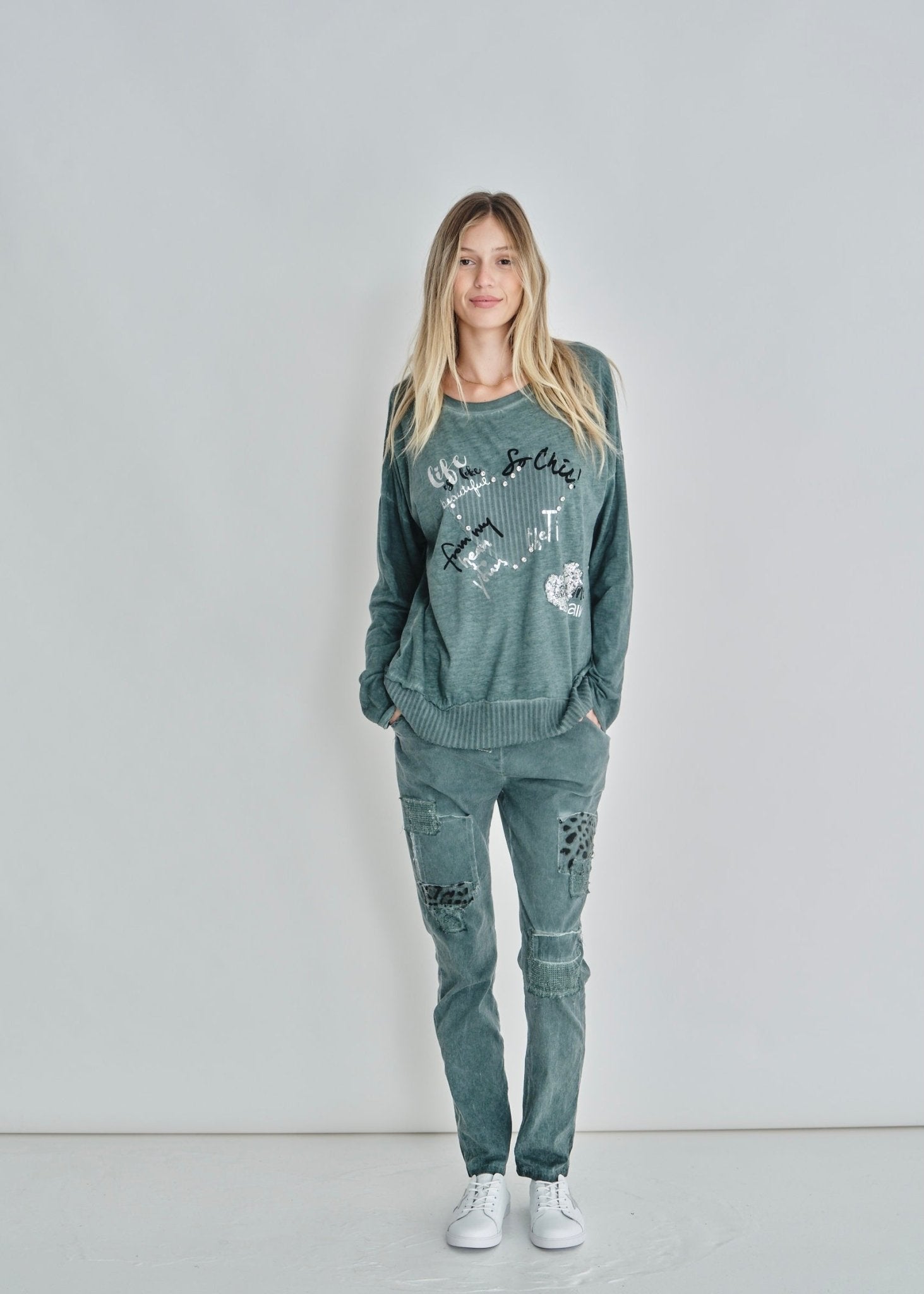 View our Leopard Sequin Joggers In Turquoise - by Tribute Store