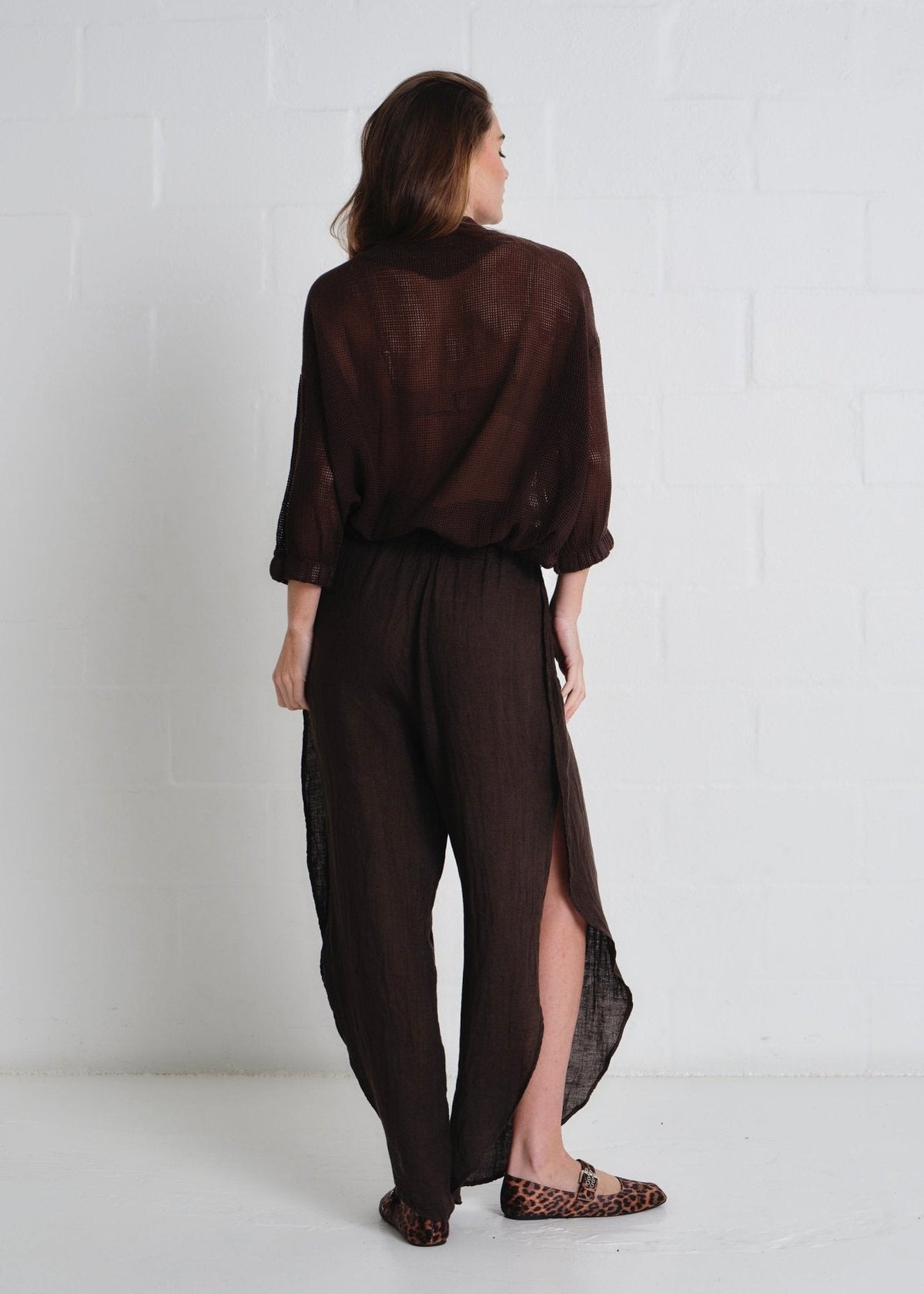View our Liguria Side Slit Linen Pants In Chocolate - by Tribute Store