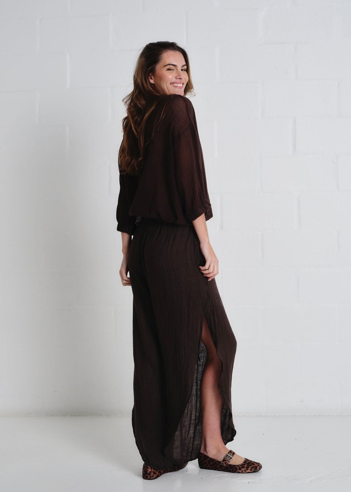 View our Liguria Side Slit Linen Pants In Chocolate - by Tribute Store
