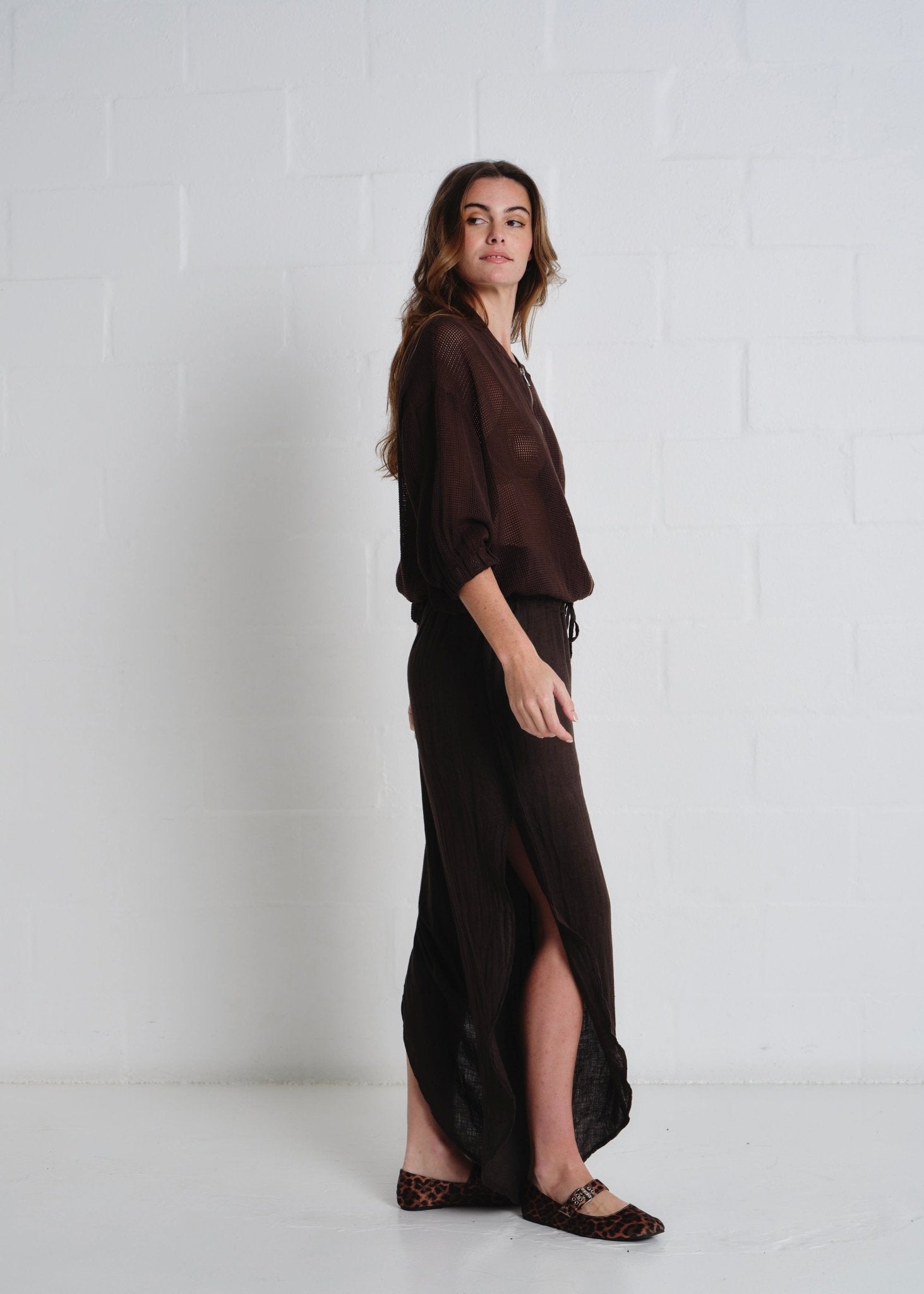View our Liguria Side Slit Linen Pants In Chocolate - by Tribute Store