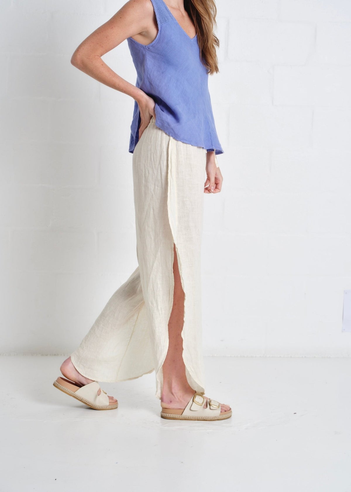 View our Liguria Side Slit Linen Pants In Cream - by Tribute Store