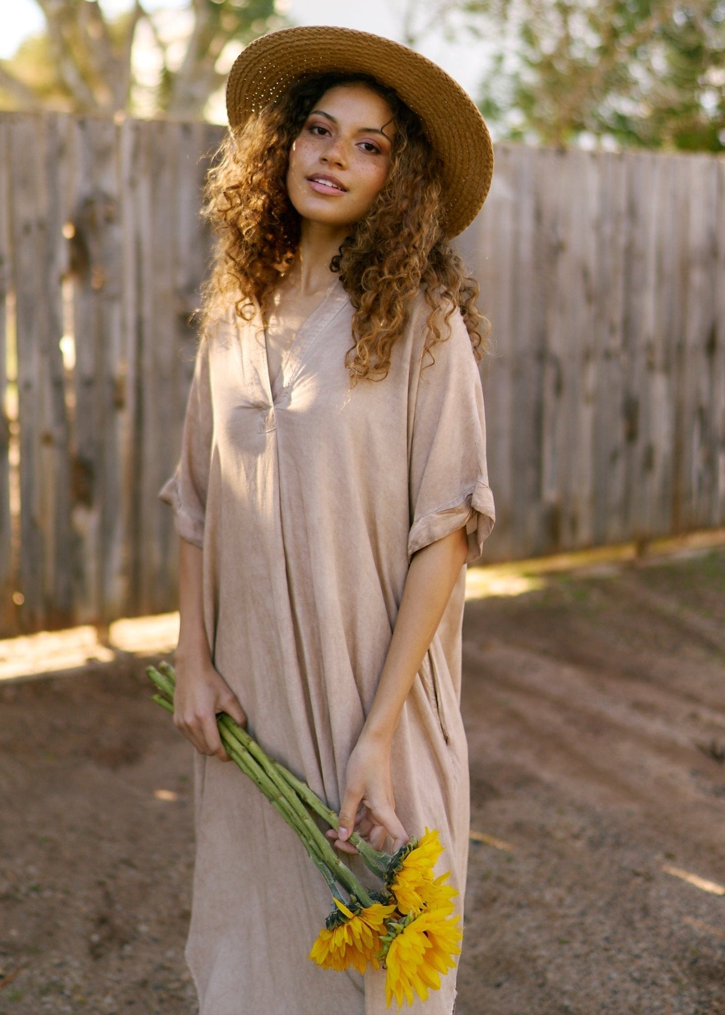 View our Linen Blend Bohemian Dress in Stonewashed Caramel - by Tribute Store