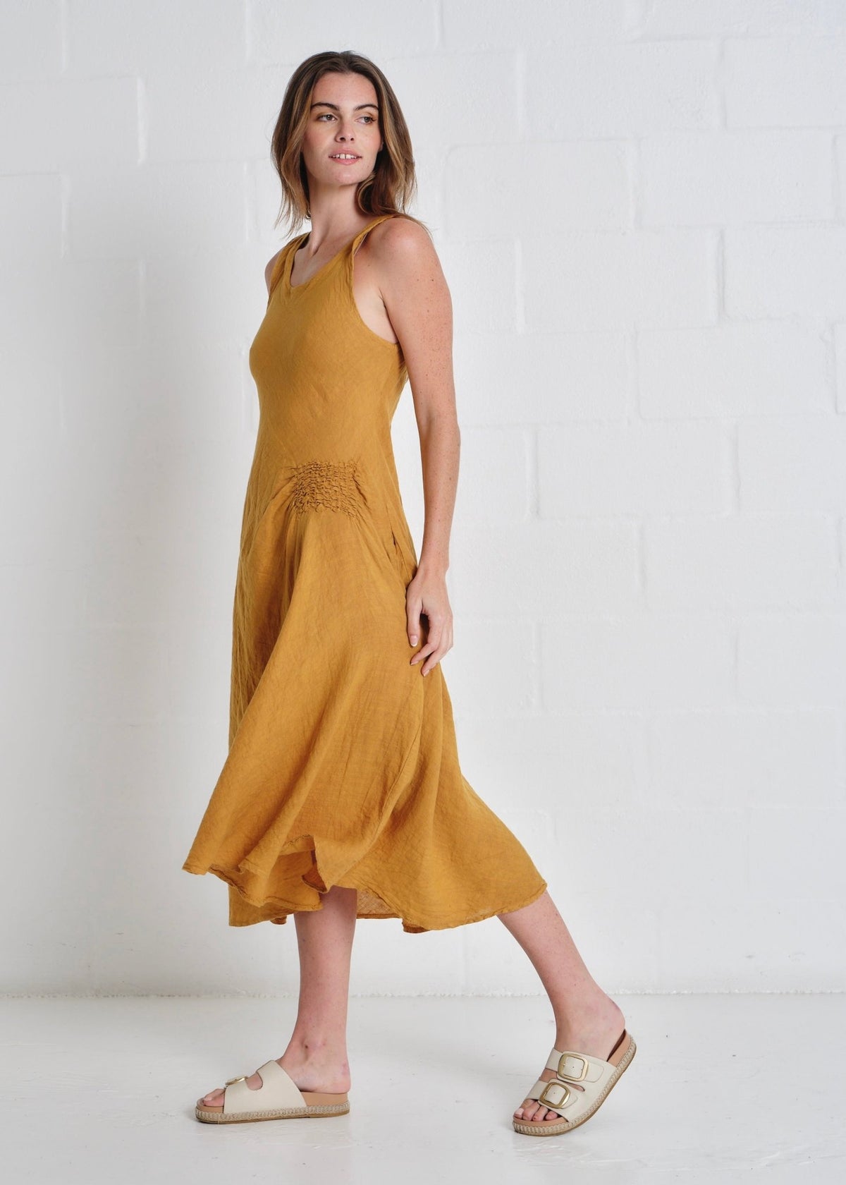 View our Livorno Italian Linen Sleeveless Maxi Dress In Mustard - by Tribute Store