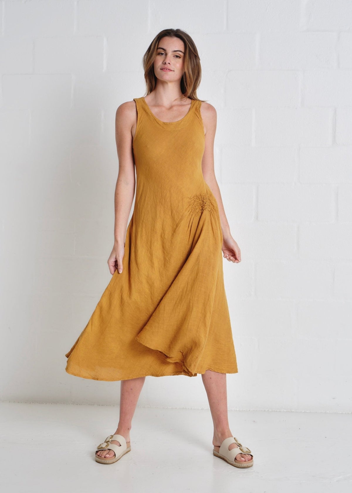 View our Livorno Italian Linen Sleeveless Maxi Dress In Mustard - by Tribute Store