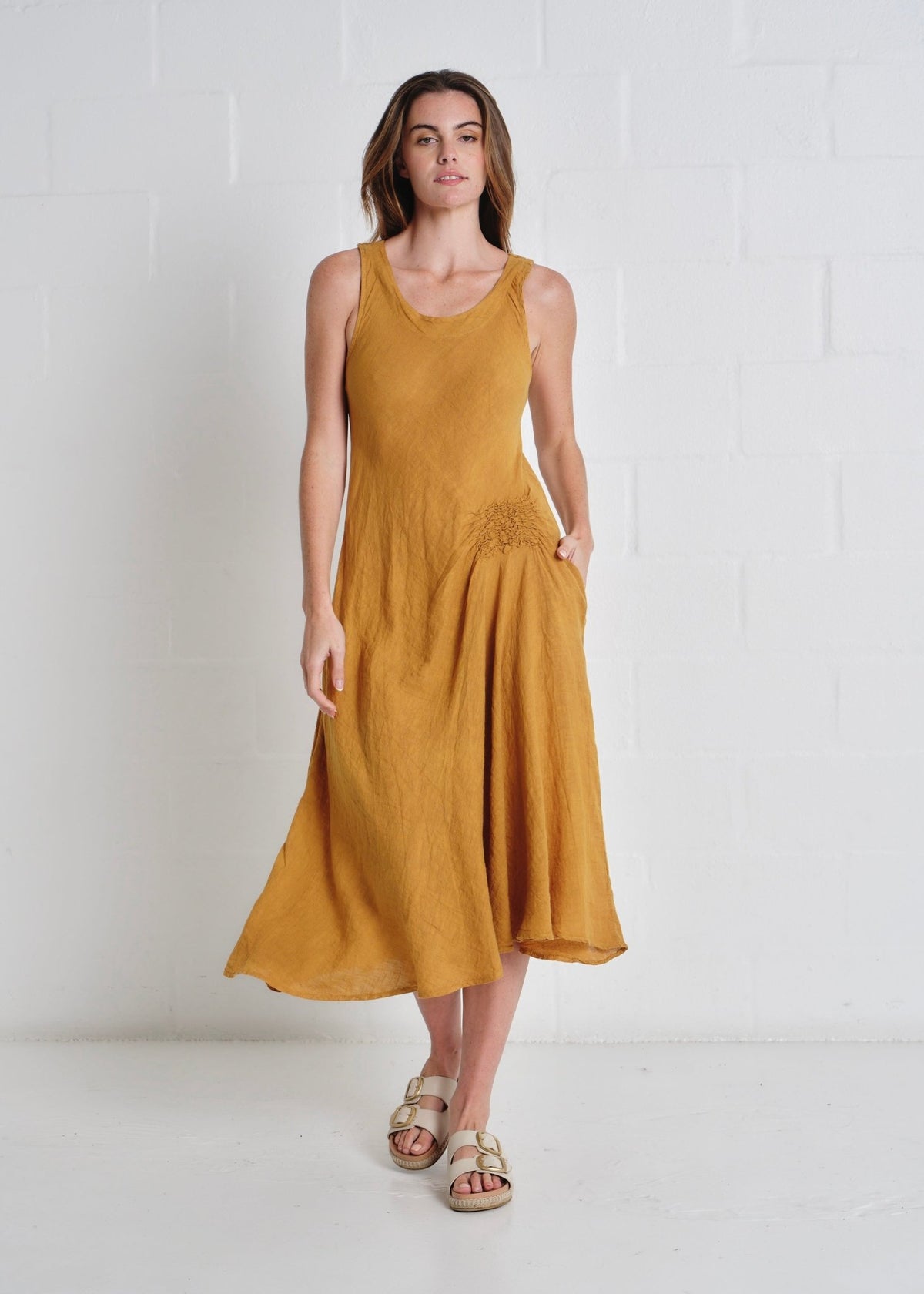 View our Livorno Italian Linen Sleeveless Maxi Dress In Mustard - by Tribute Store