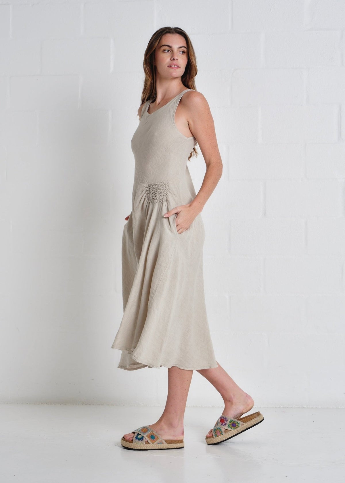 View our Livorno Italian Linen Sleeveless Maxi Dress In Taupe - by Tribute Store