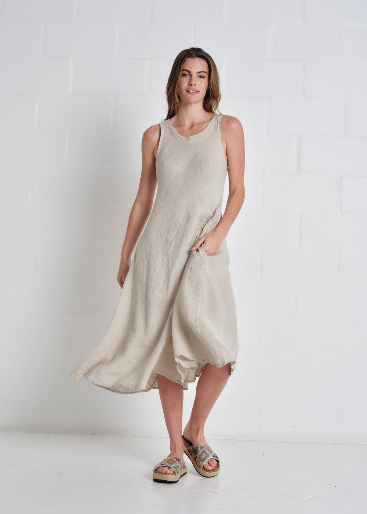 View our Livorno Italian Linen Sleeveless Maxi Dress In Taupe - by Tribute Store