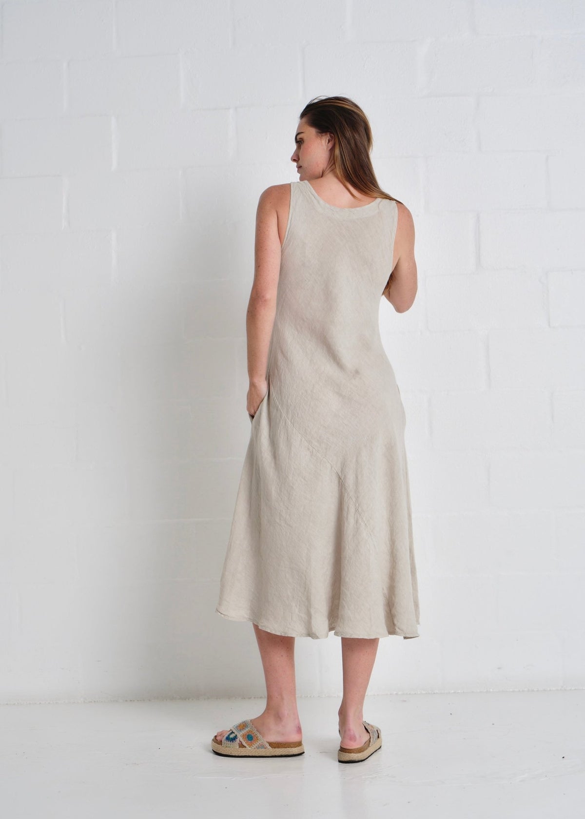 View our Livorno Italian Linen Sleeveless Maxi Dress In Taupe - by Tribute Store
