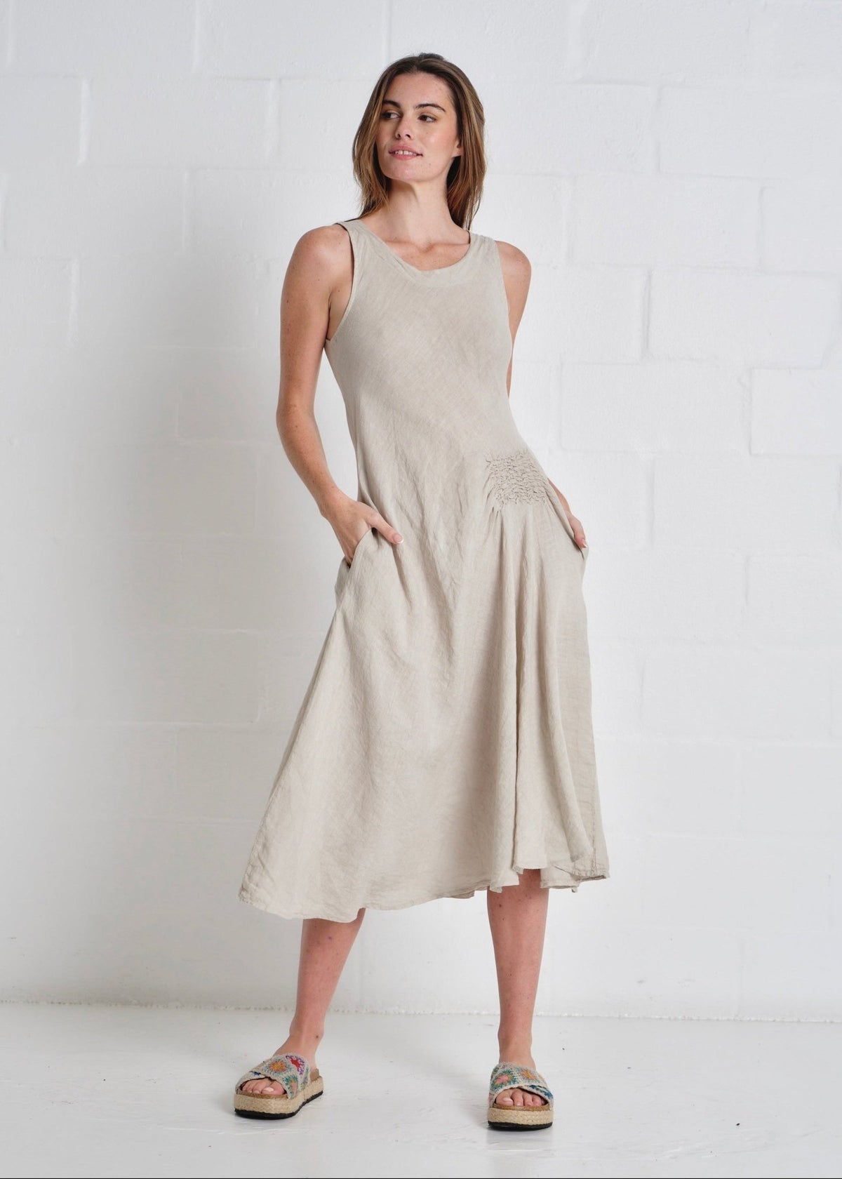 View our Livorno Italian Linen Sleeveless Maxi Dress In Taupe - by Tribute Store