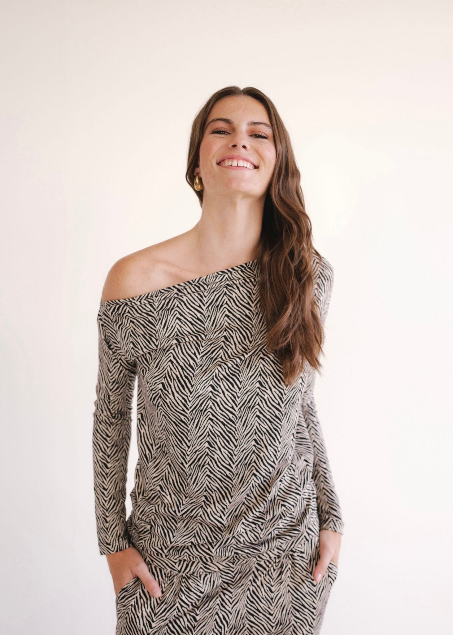 View our Long Sleeved Off The Shoulder Classic Top In Safari Sketch Print - by Tribute Store