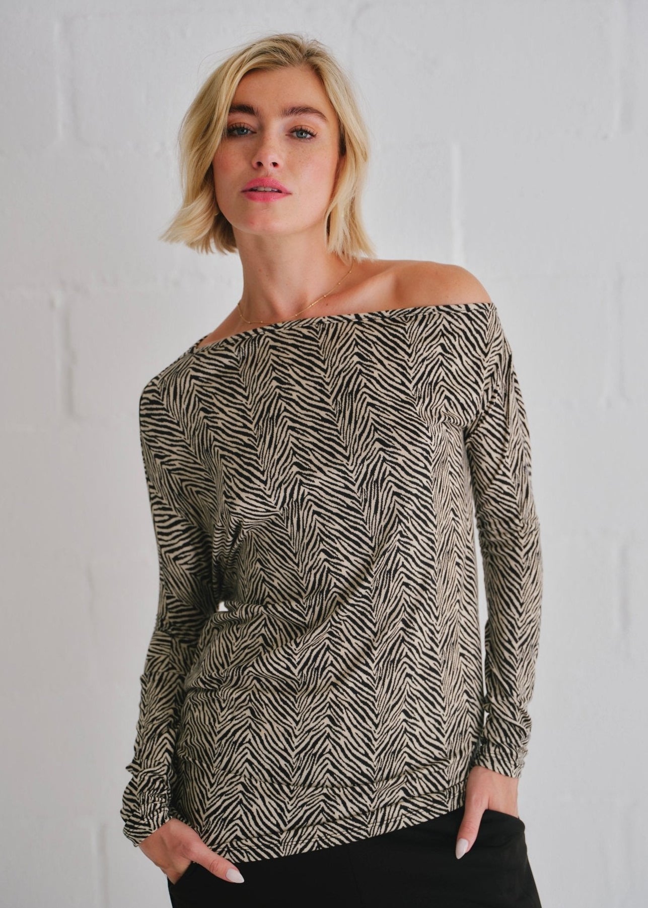 View our Long Sleeved Off The Shoulder Classic Top In Safari Sketch Print - by Tribute Store