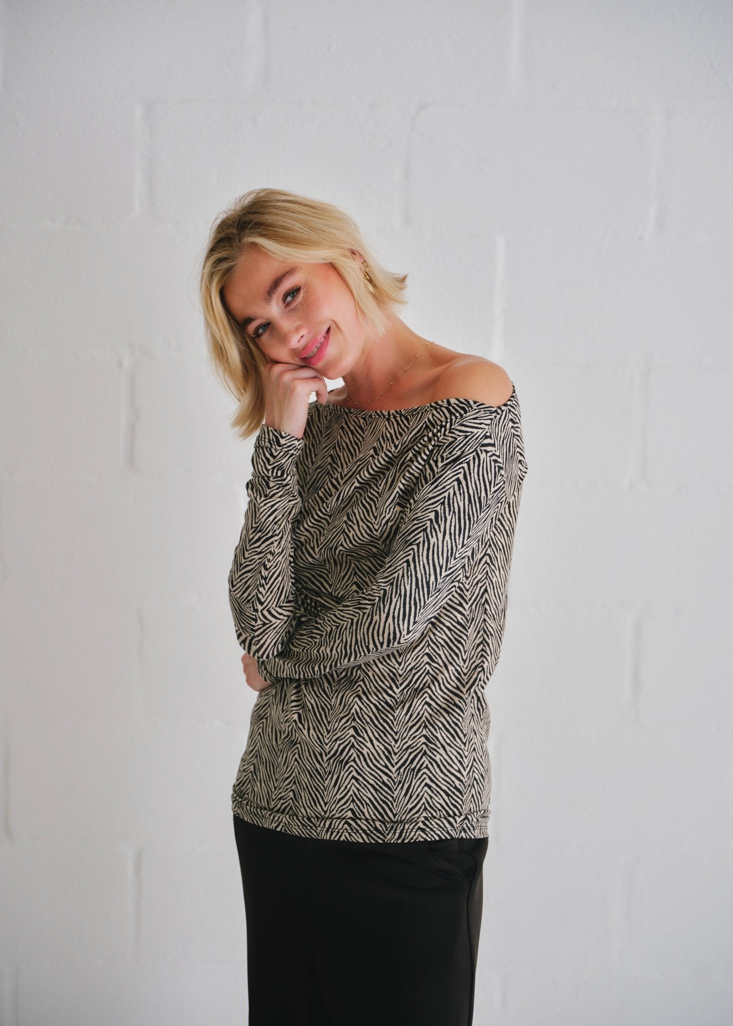 View our Long Sleeved Off The Shoulder Classic Top In Safari Sketch Print - by Tribute Store