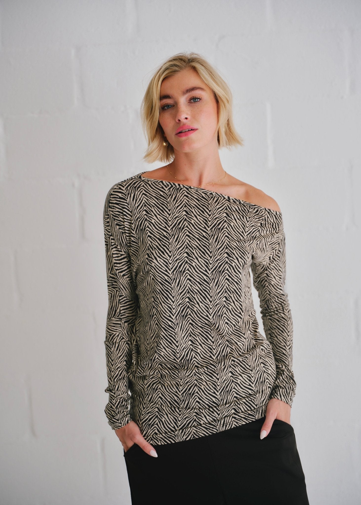 View our Long Sleeved Off The Shoulder Classic Top In Safari Sketch Print - by Tribute Store