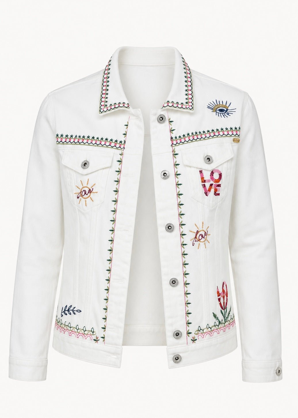 View our Love Story Embroidered Denim Jacket In White - by Tribute Store