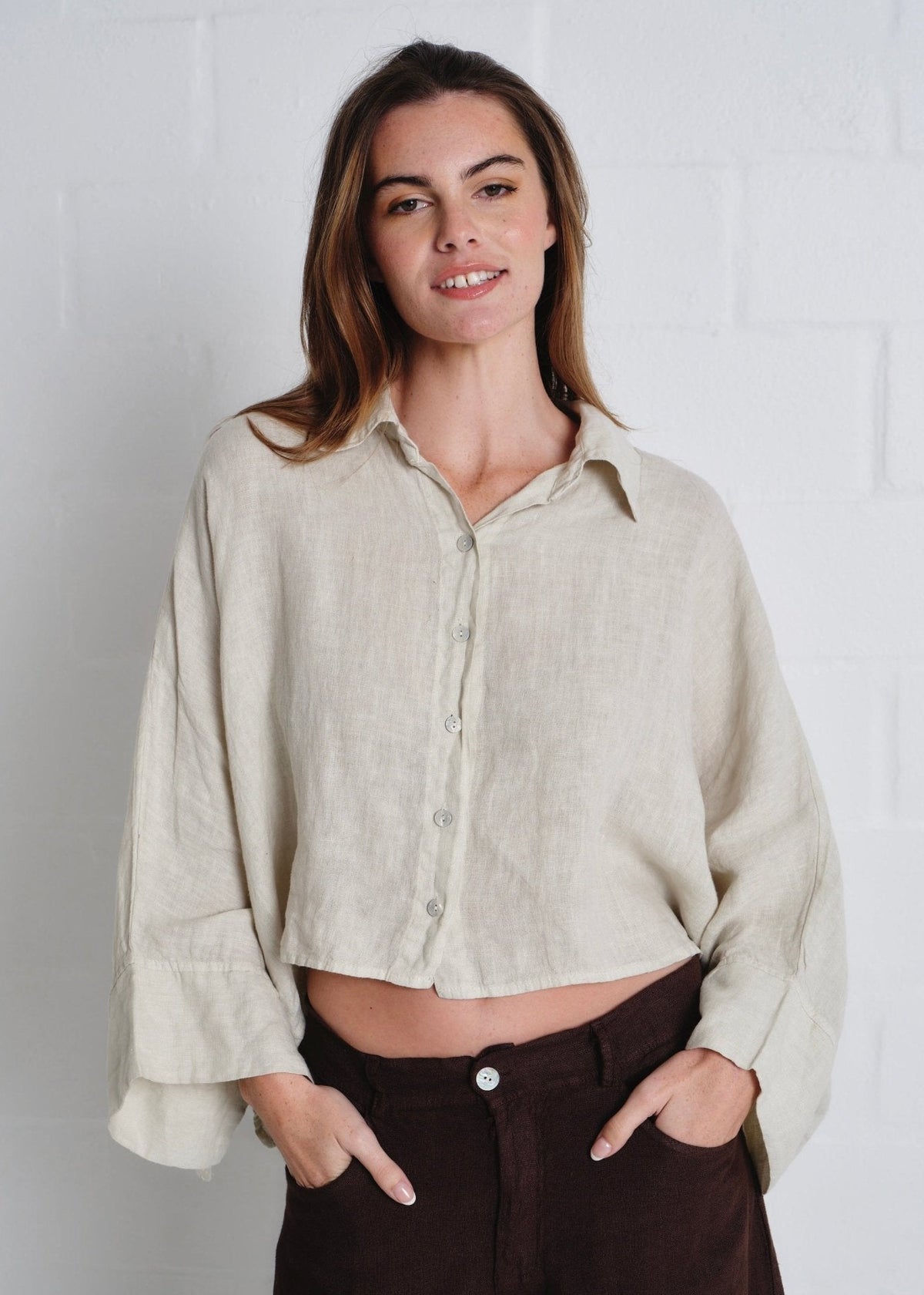 View our Lucca Italian Linen Batwing Shirt in Beige - by Tribute Store