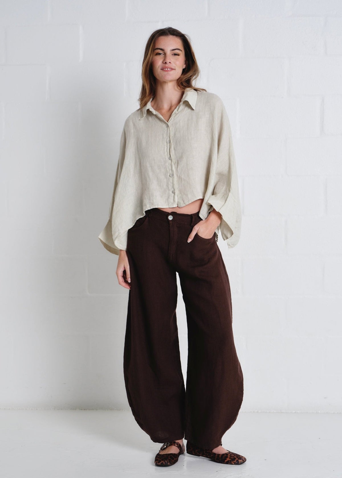 View our Lucca Italian Linen Batwing Shirt in Beige - by Tribute Store