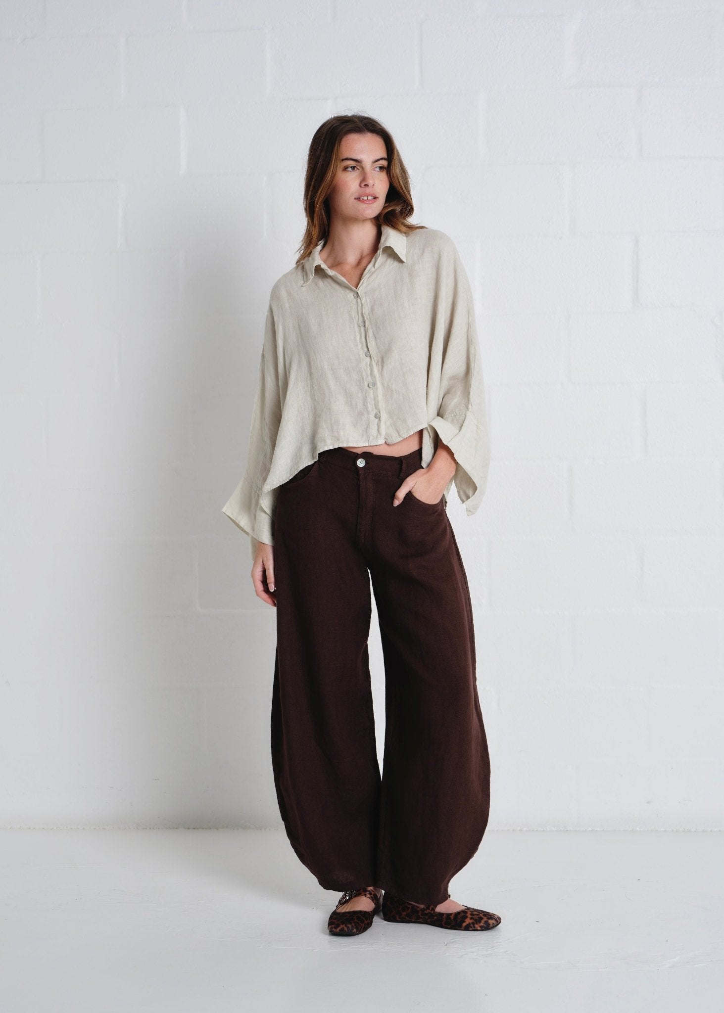 View our Lucca Italian Linen Batwing Shirt in Beige - by Tribute Store