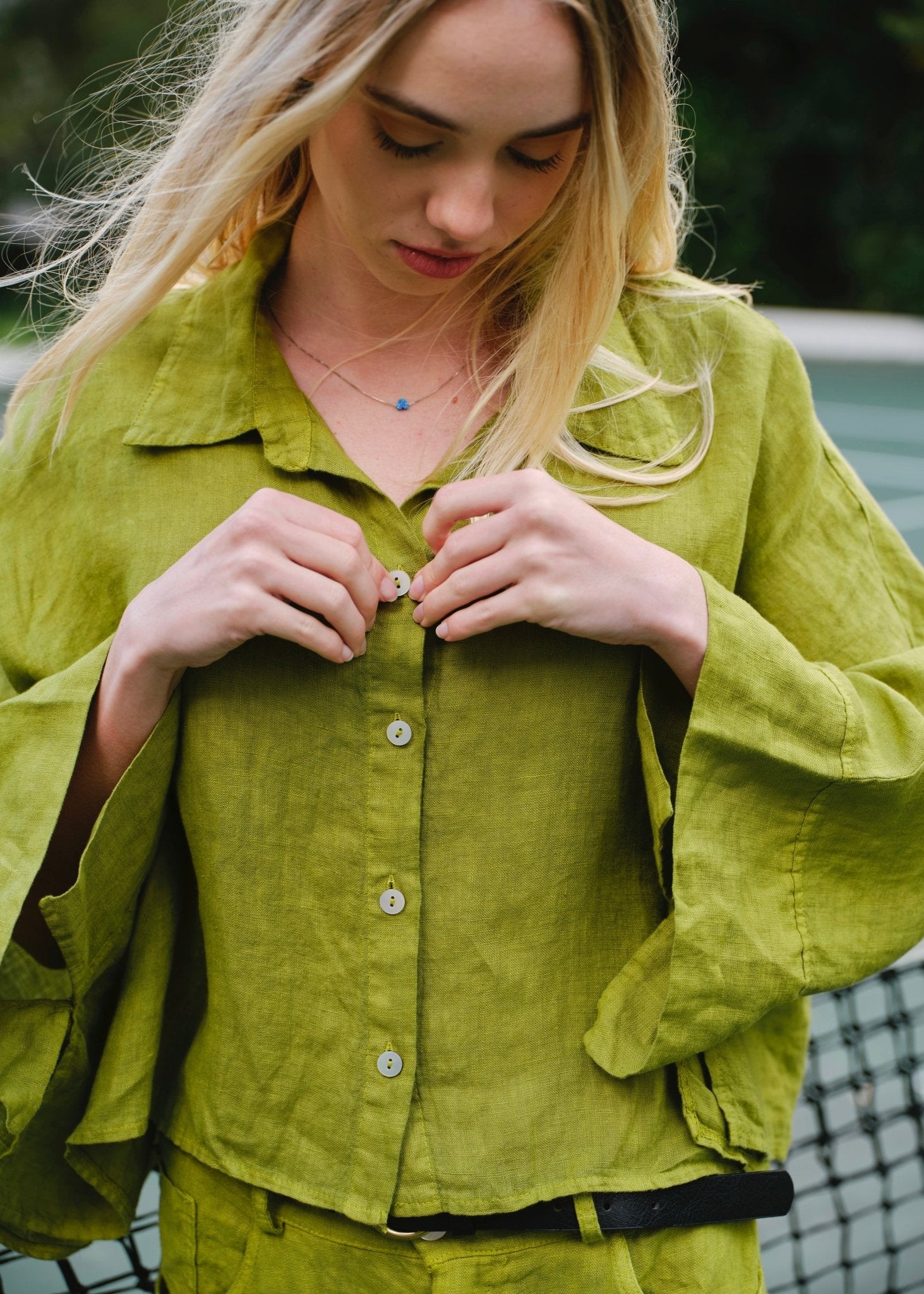 View our Lucca Italian Linen Batwing Shirt in Green - by Tribute Store