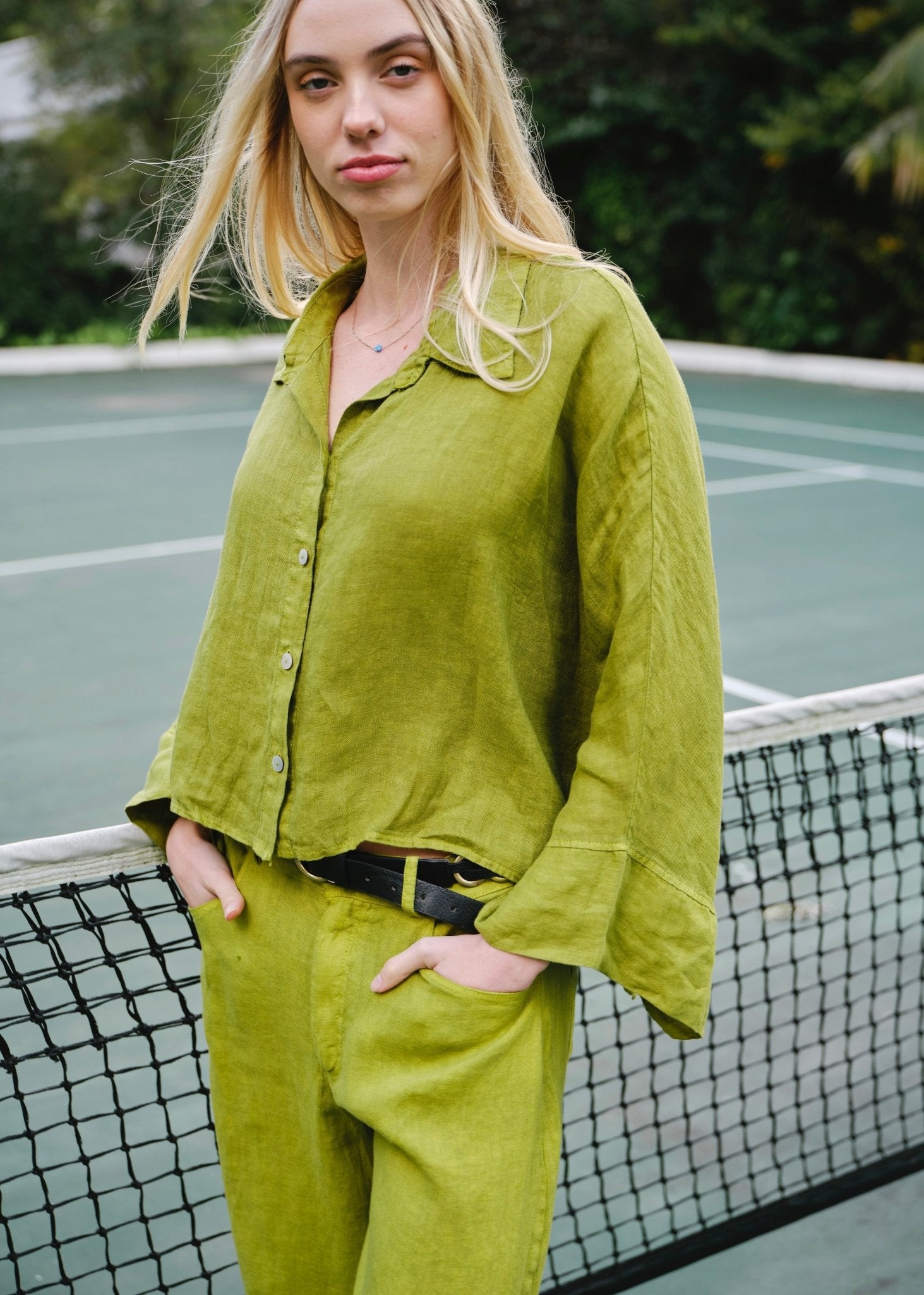 View our Lucca Italian Linen Batwing Shirt in Green - by Tribute Store