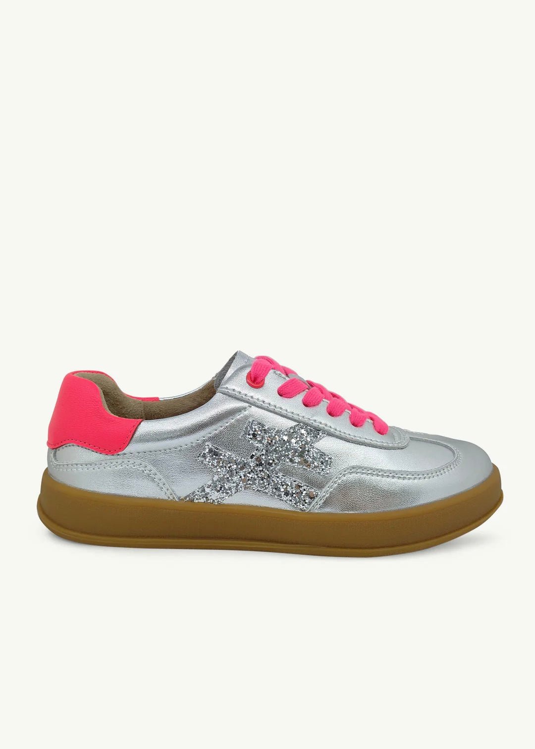 View our Lumi Leather Sneaker In Silver And Hot Pink - by Tribute Store