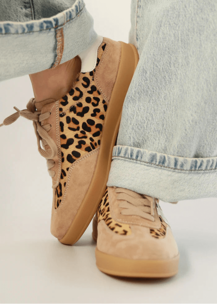 View our Lumi Leather Sneaker With Leopard Print In Beige And White - by Tribute Store
