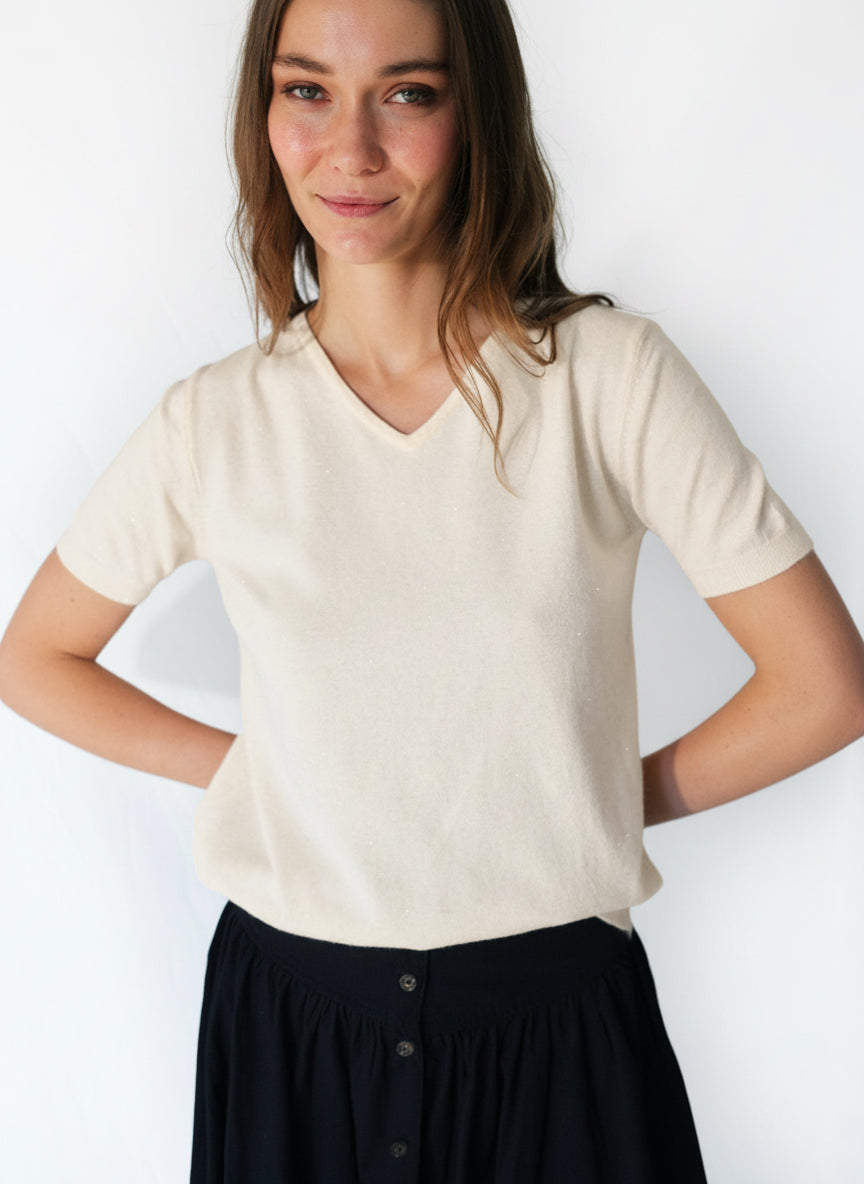 View our Lurex V Neck Tee with Shimmer Detail in Cream - by Tribute Store