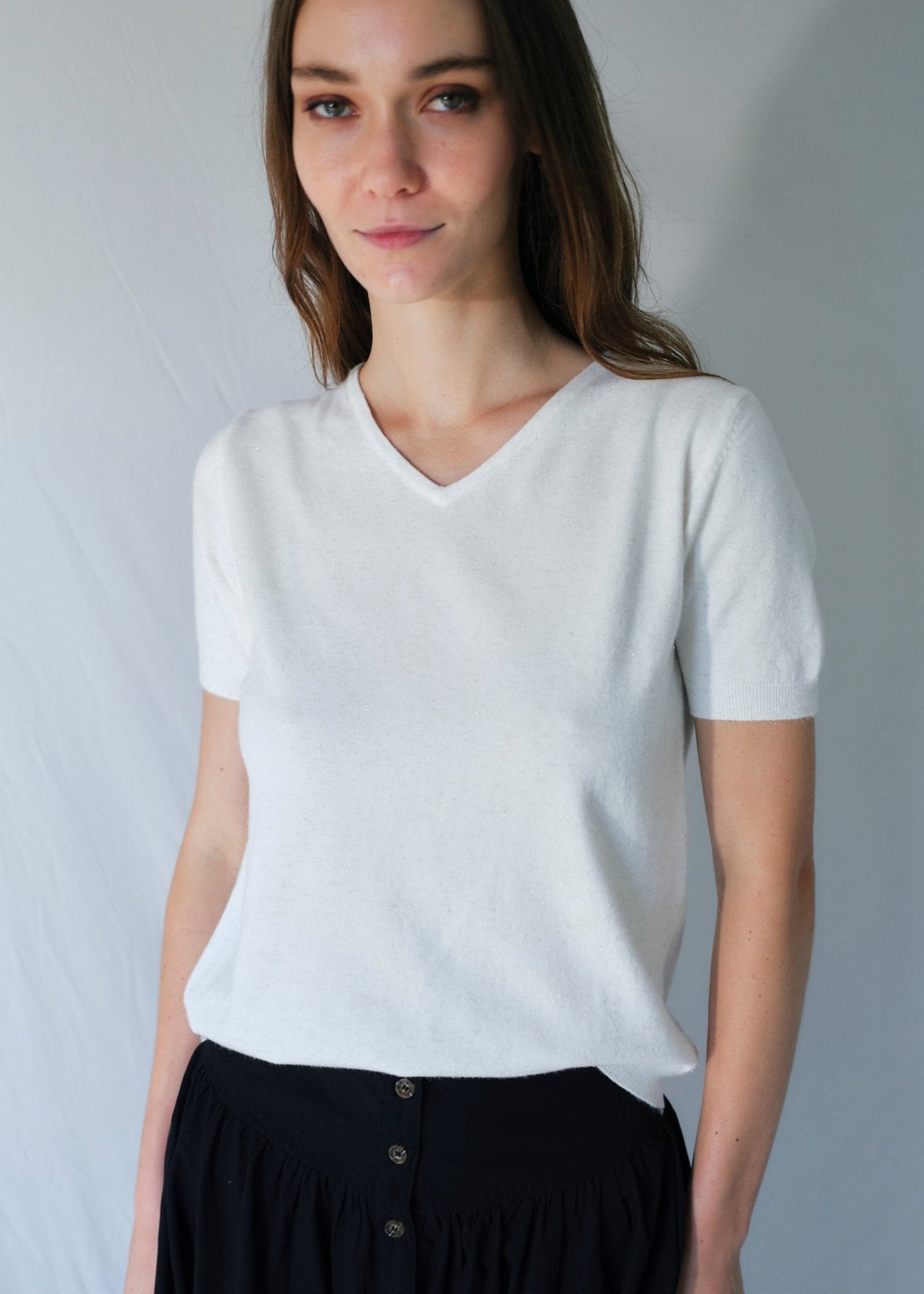 View our Lurex V Neck Tee with Shimmer Detail in Cream - by Tribute Store