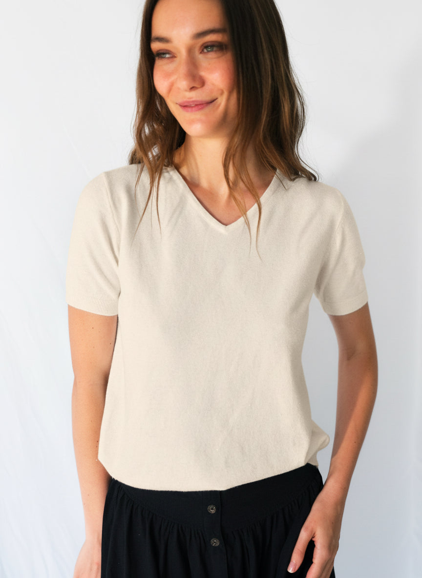 View our Lurex V Neck Tee with Shimmer Detail in Cream - by Tribute Store