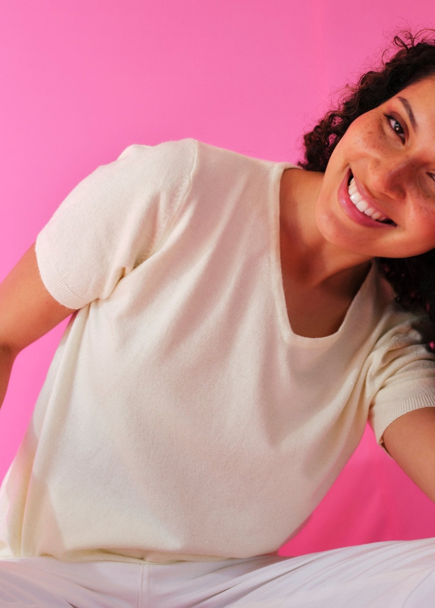 View our Lurex V Neck Tee with Shimmer Detail in Yellow - by Tribute Store