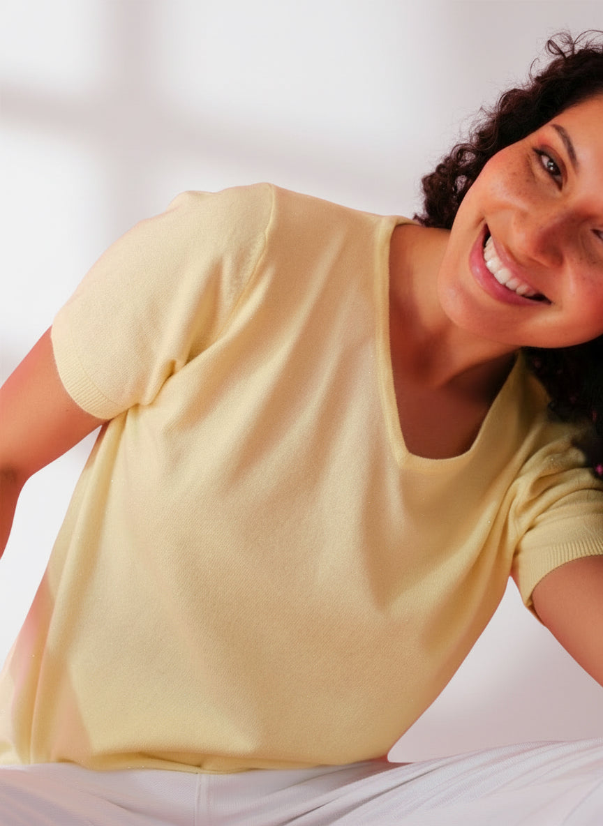 View our Lurex V Neck Tee with Shimmer Detail in Yellow - by Tribute Store