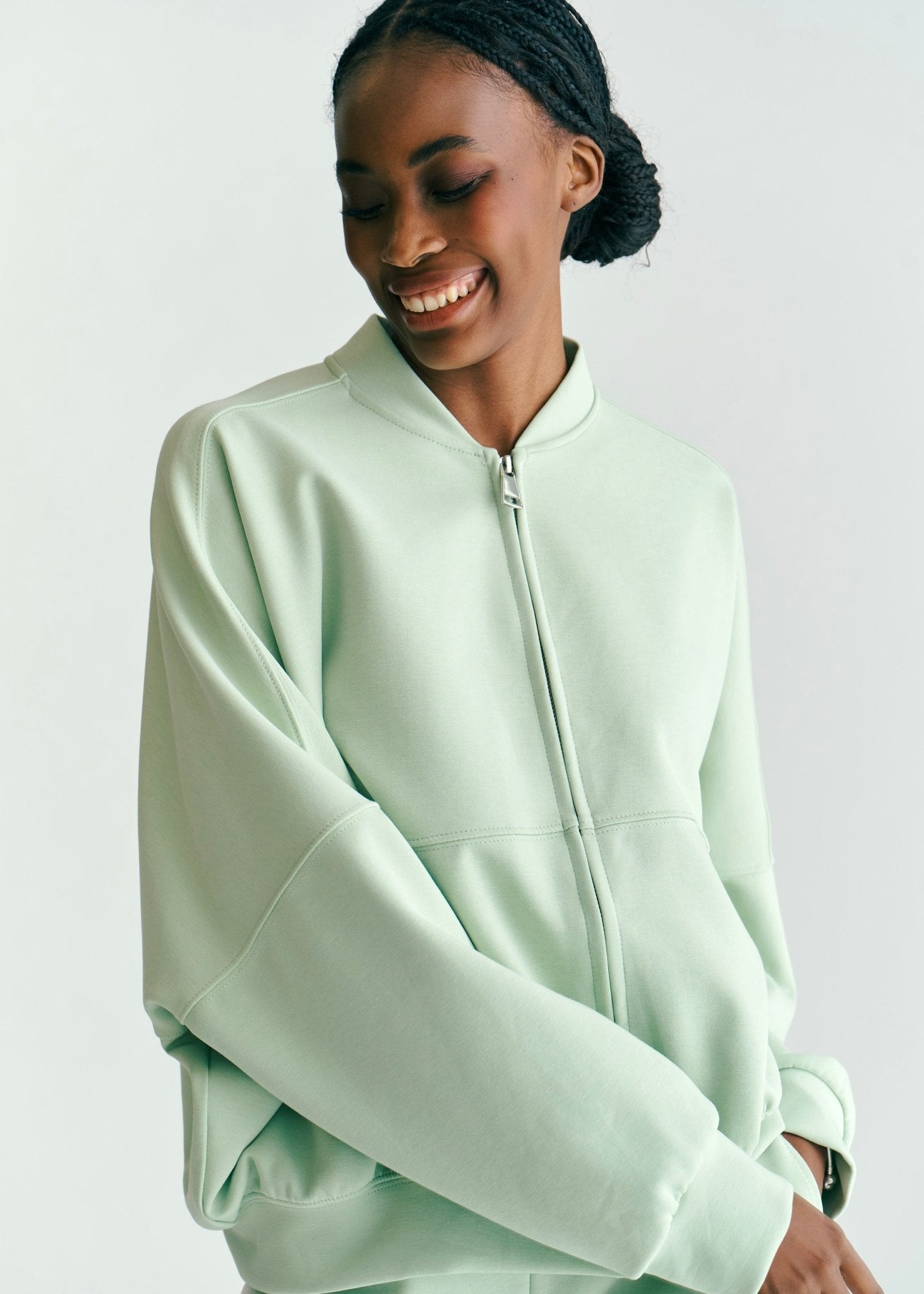 View our Malmö Oversized Zip Up Bomber Jacket In Pistachio Mint - by Tribute Store