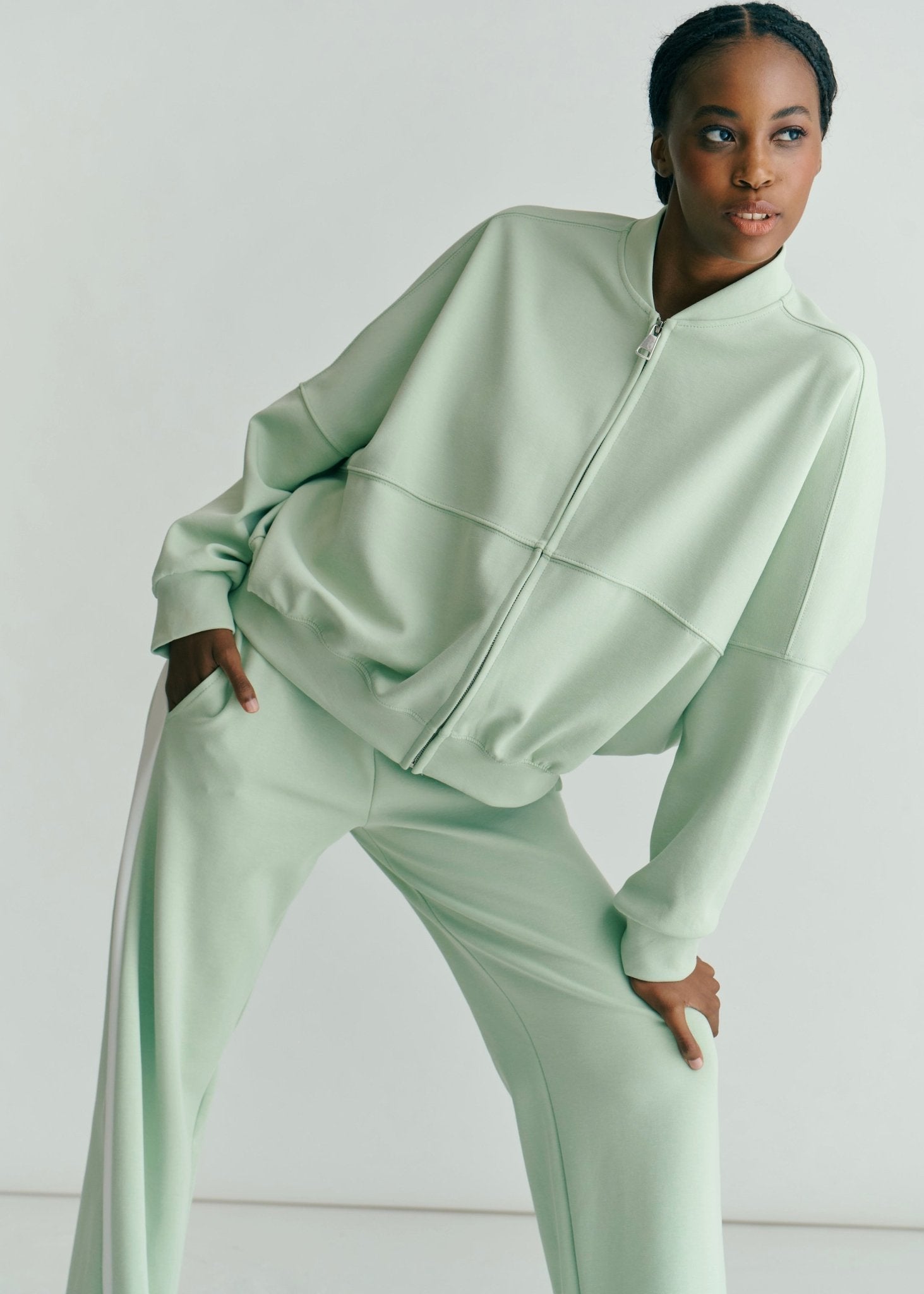 View our Malmö Oversized Zip Up Bomber Jacket In Pistachio Mint - by Tribute Store