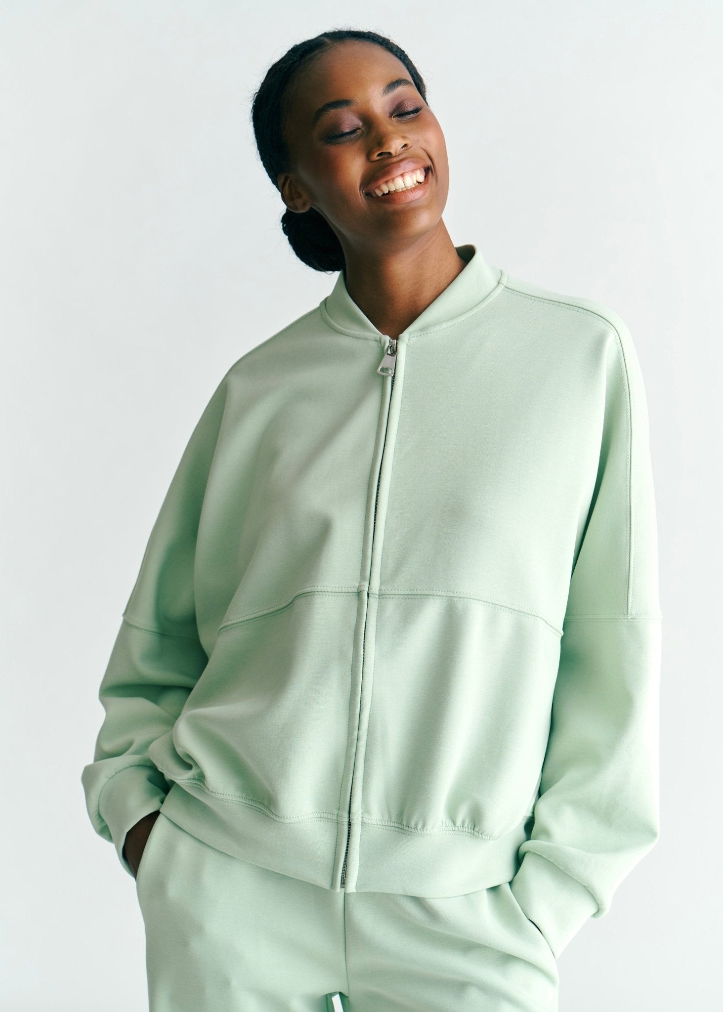 View our Malmö Oversized Zip Up Bomber Jacket In Pistachio Mint - by Tribute Store